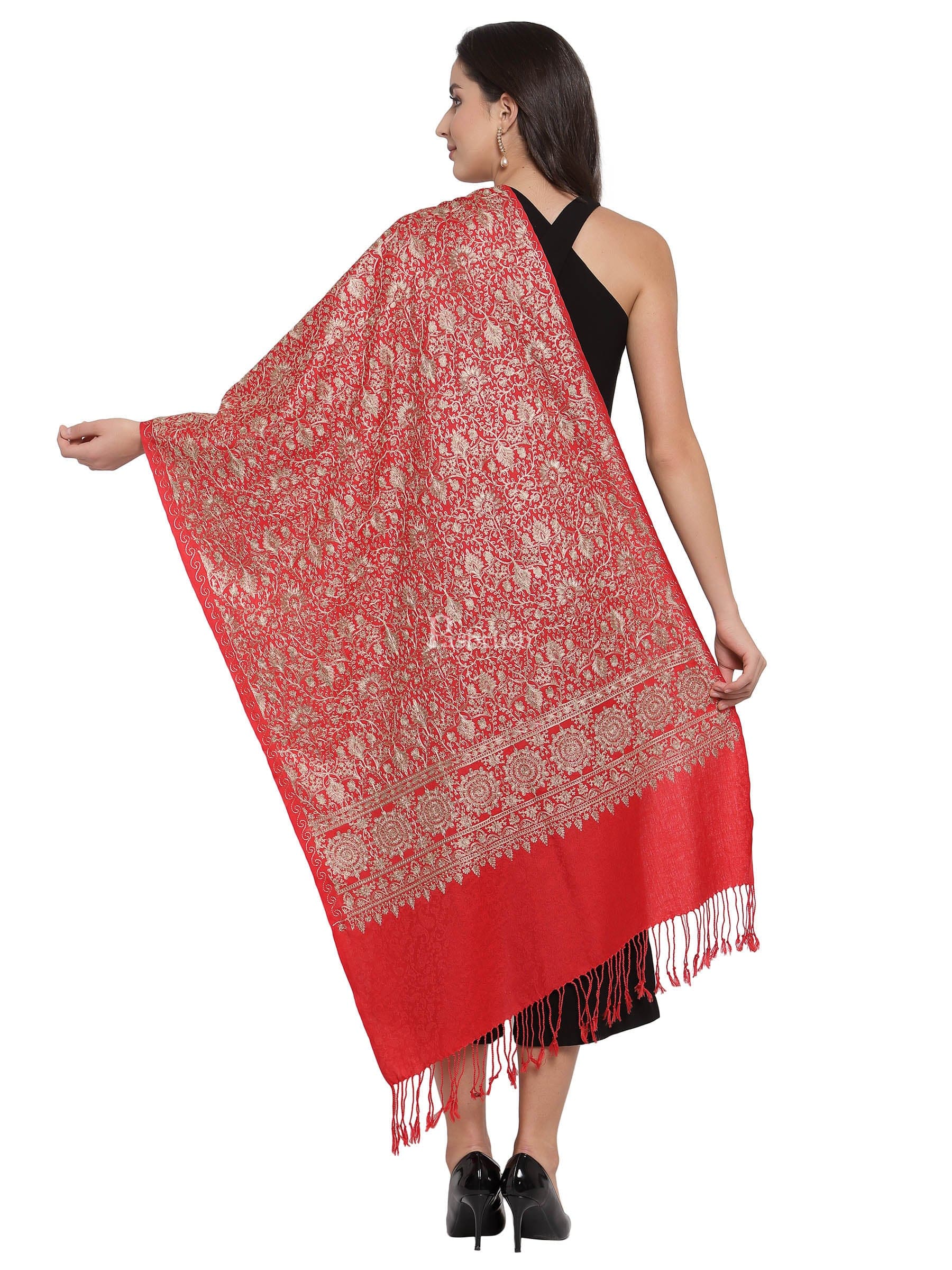 Pashtush Womens Fine Wool Stole With Nalki Embroidery, Red - Image 3