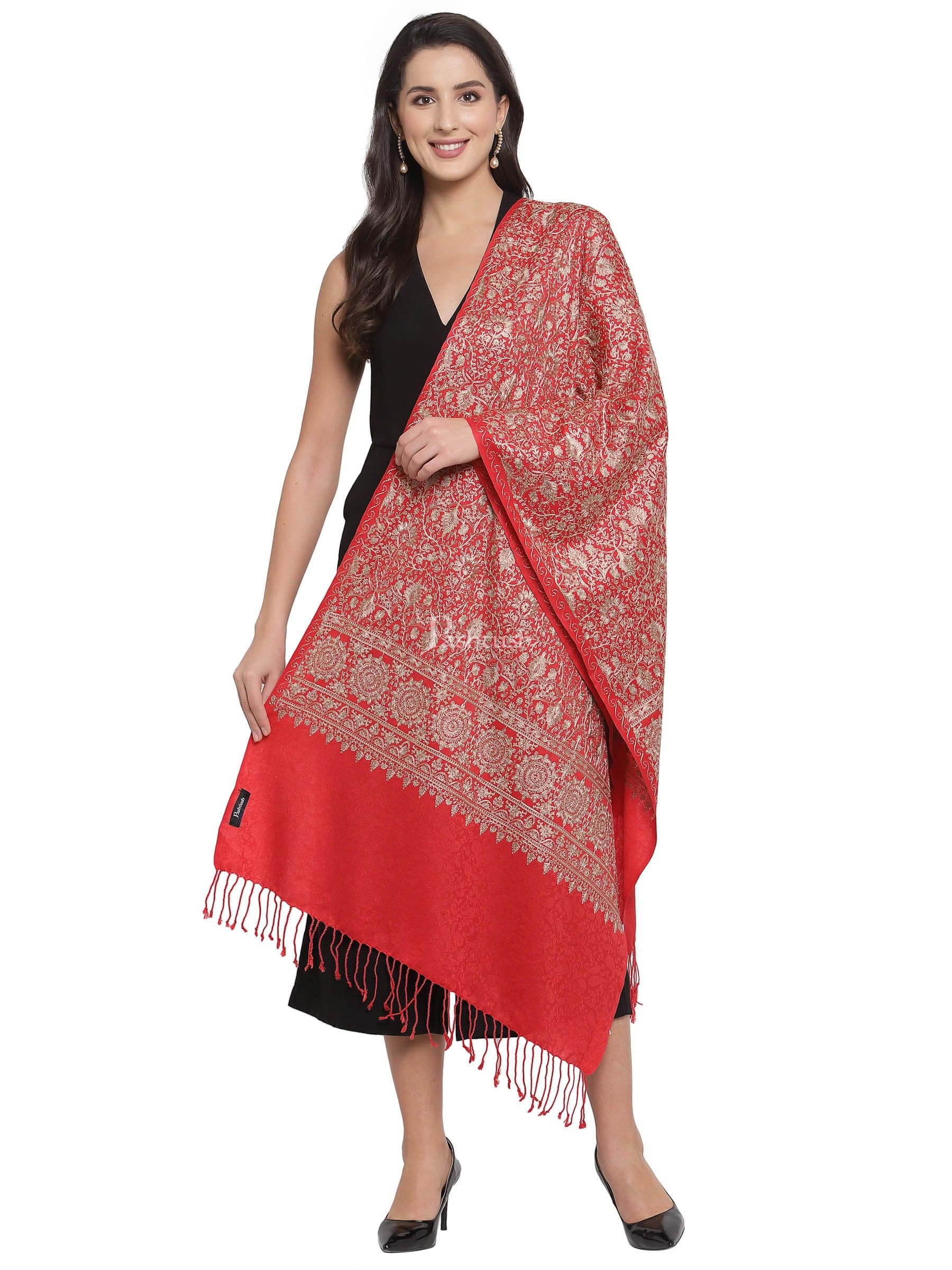Pashtush Womens Fine Wool Stole With Nalki Embroidery, Red - Image 4
