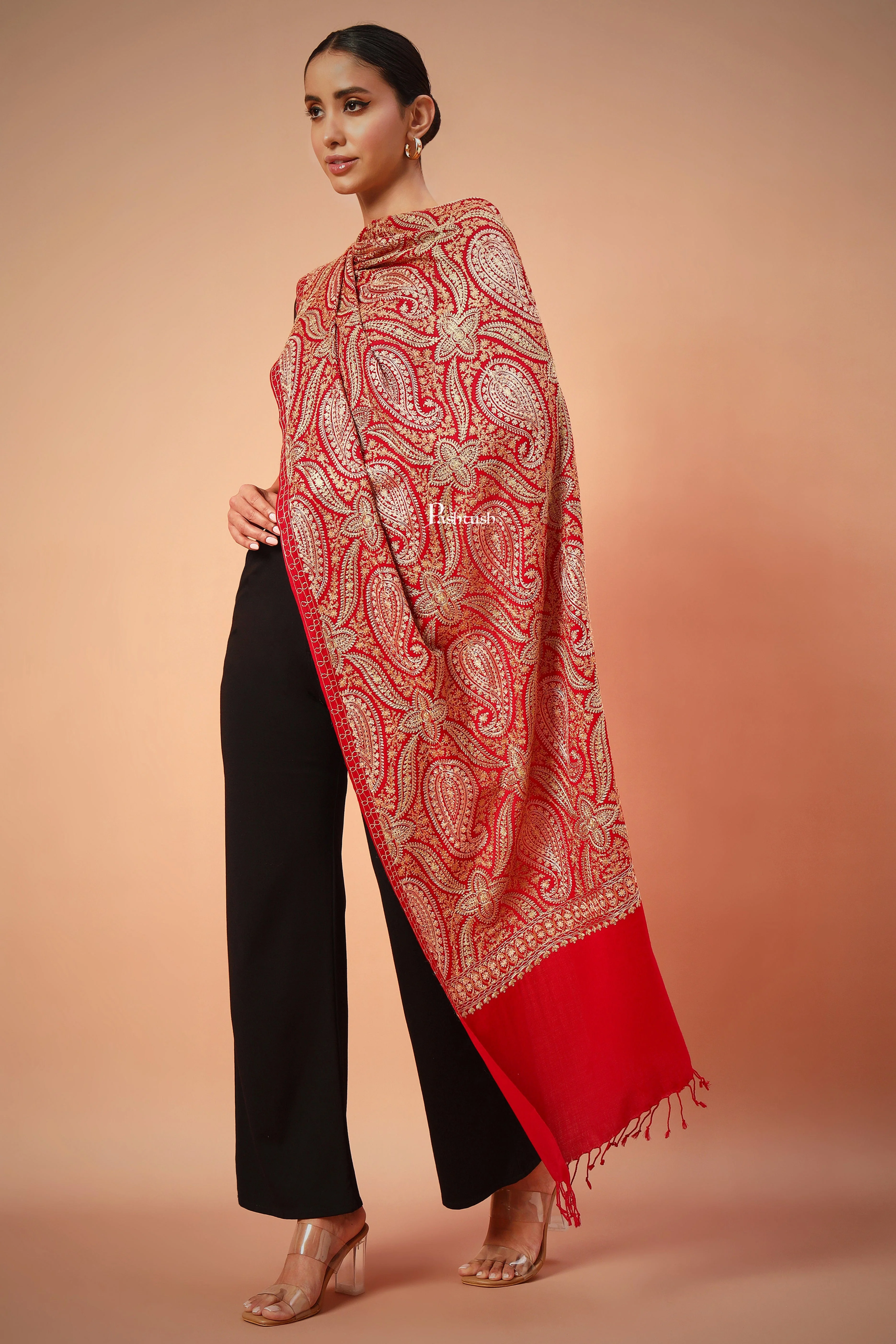 Pashtush Womens Fine Wool Stole, With Silky Nalki Embroidery, Self Weave, Crimson Red