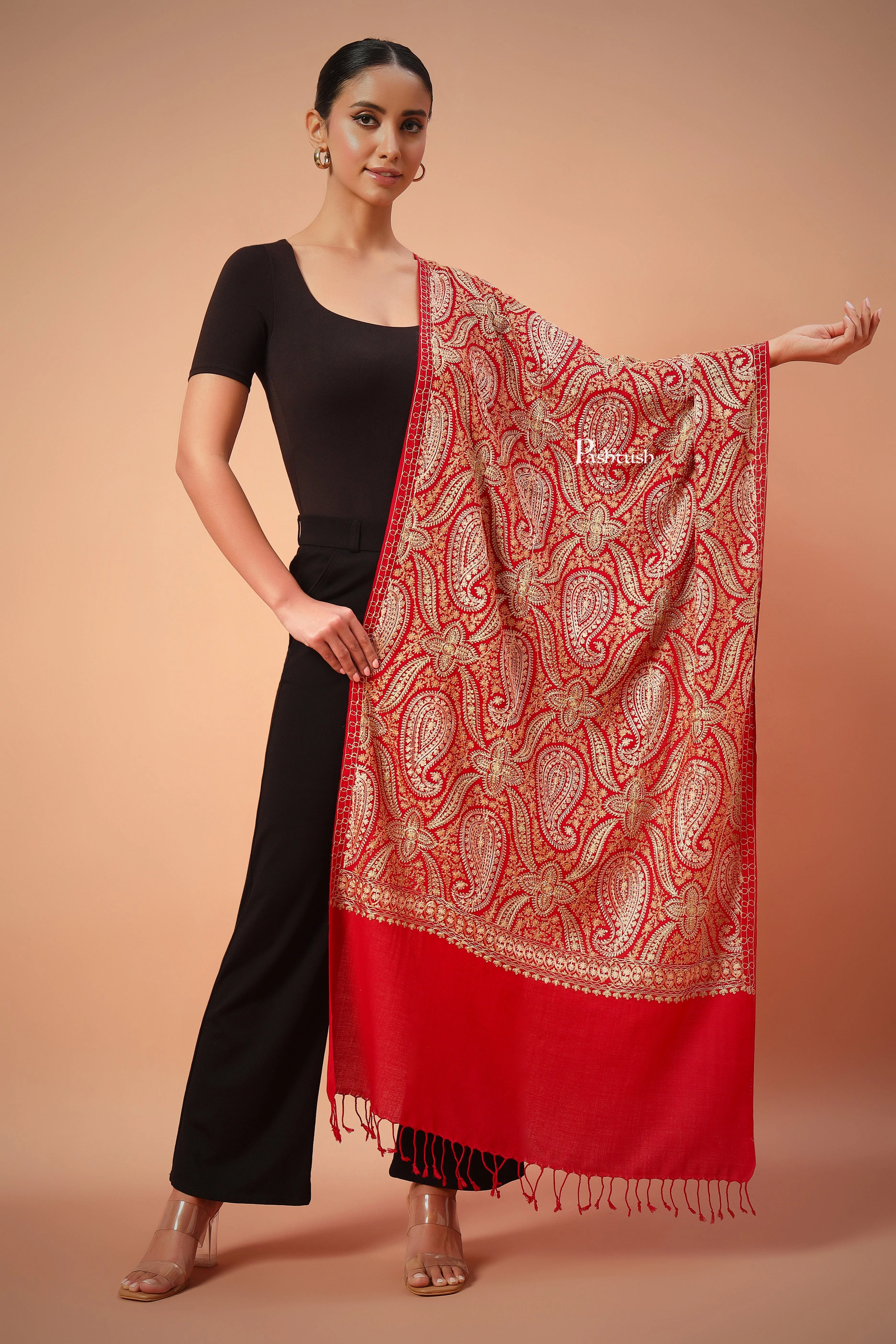 Pashtush Womens Fine Wool Stole, With Silky Nalki Embroidery, Self Weave, Crimson Red - Image 3