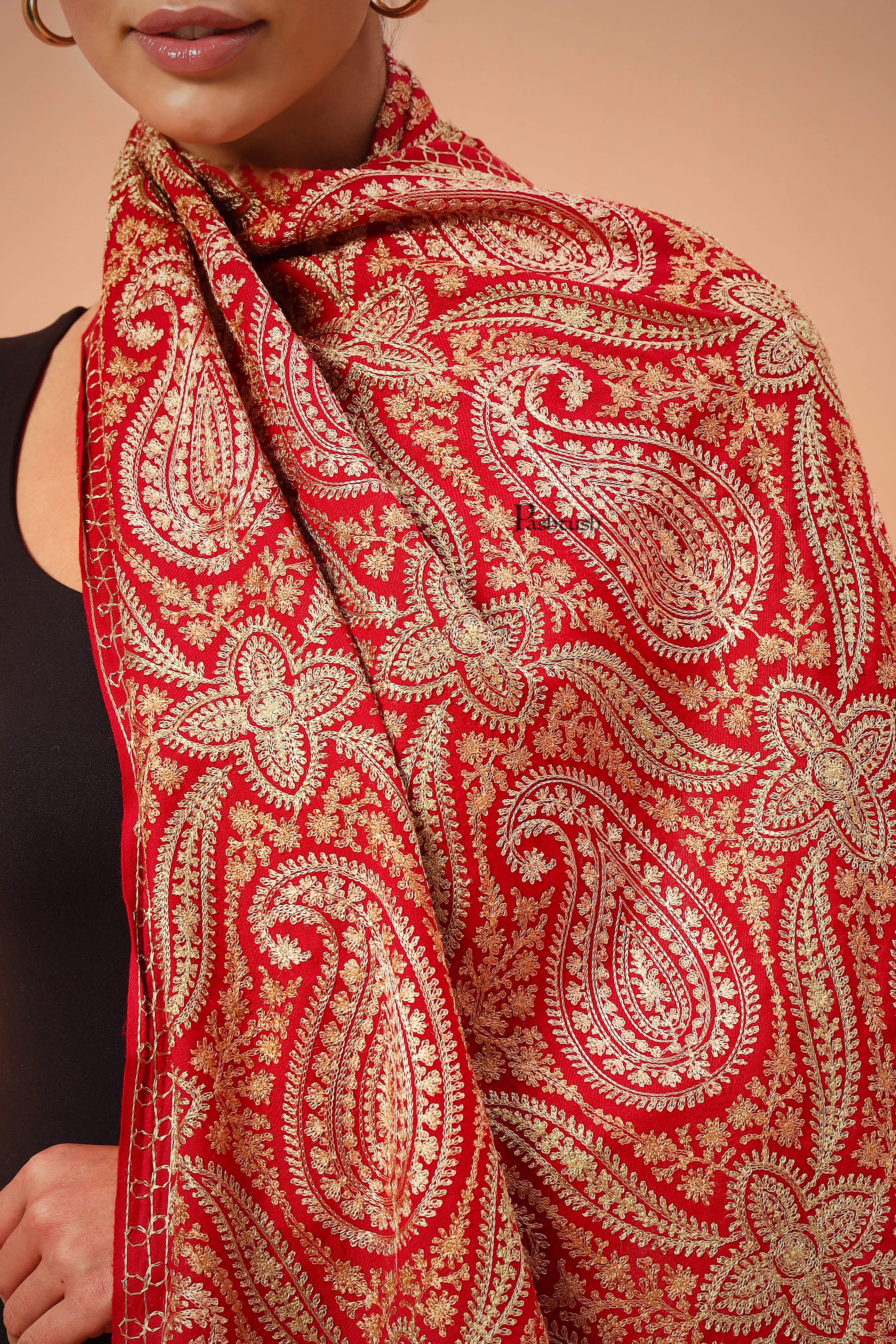 Pashtush Womens Fine Wool Stole, With Silky Nalki Embroidery, Self Weave, Crimson Red - Image 4