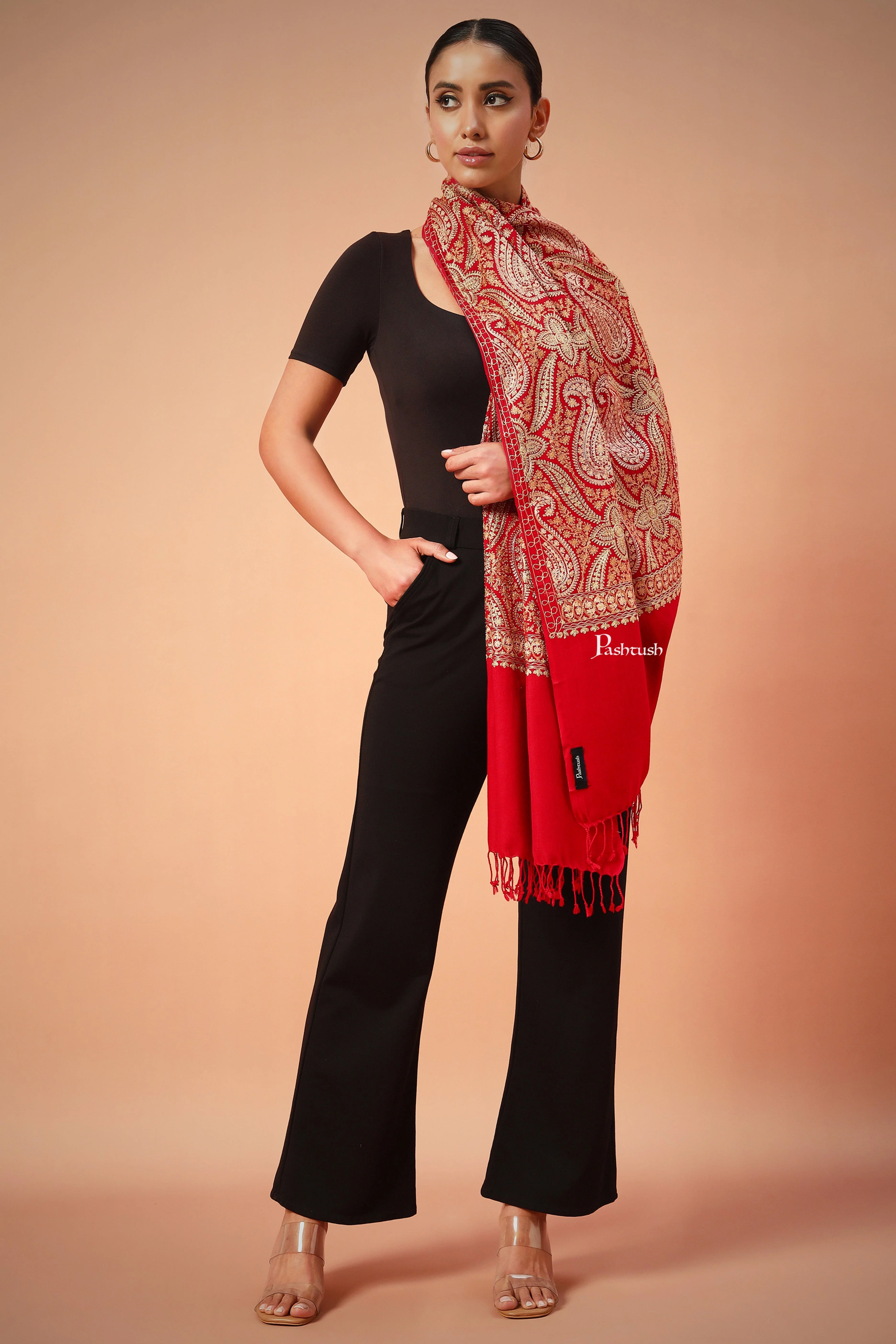Pashtush Womens Fine Wool Stole, With Silky Nalki Embroidery, Self Weave, Crimson Red - Image 5