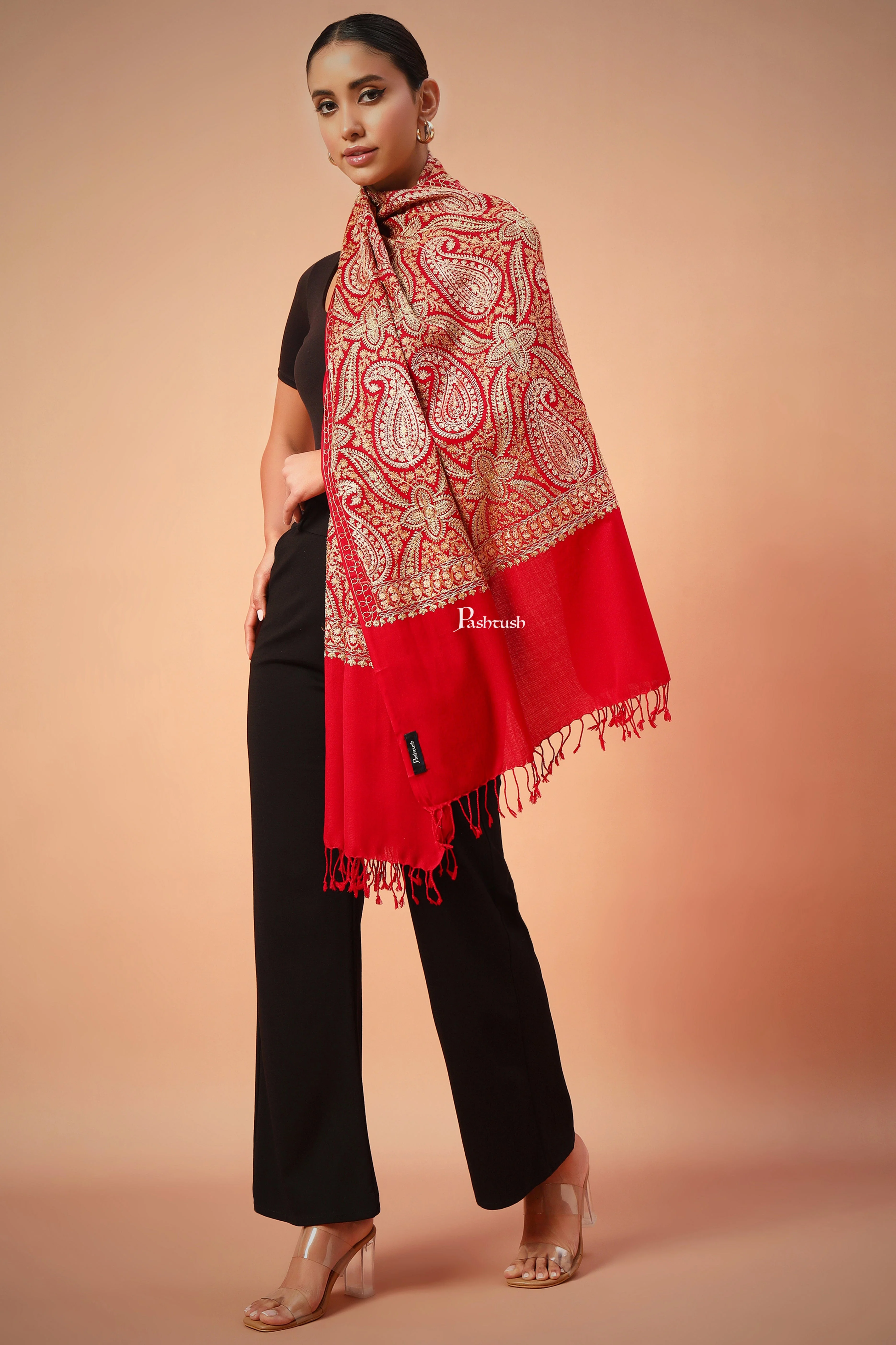 Pashtush Womens Fine Wool Stole, With Silky Nalki Embroidery, Self Weave, Crimson Red - Image 6