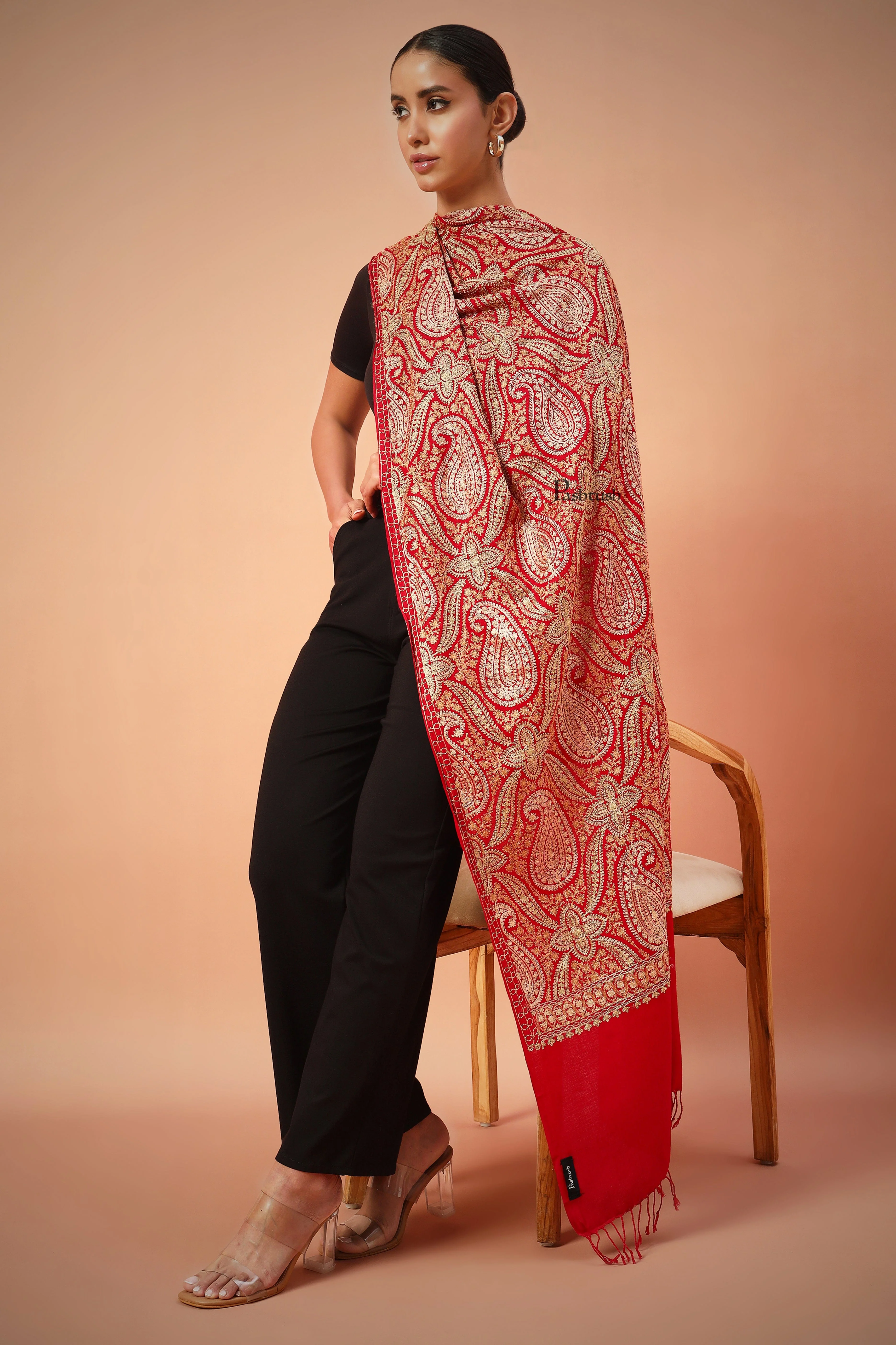 Pashtush Womens Fine Wool Stole, With Silky Nalki Embroidery, Self Weave, Crimson Red - Image 7