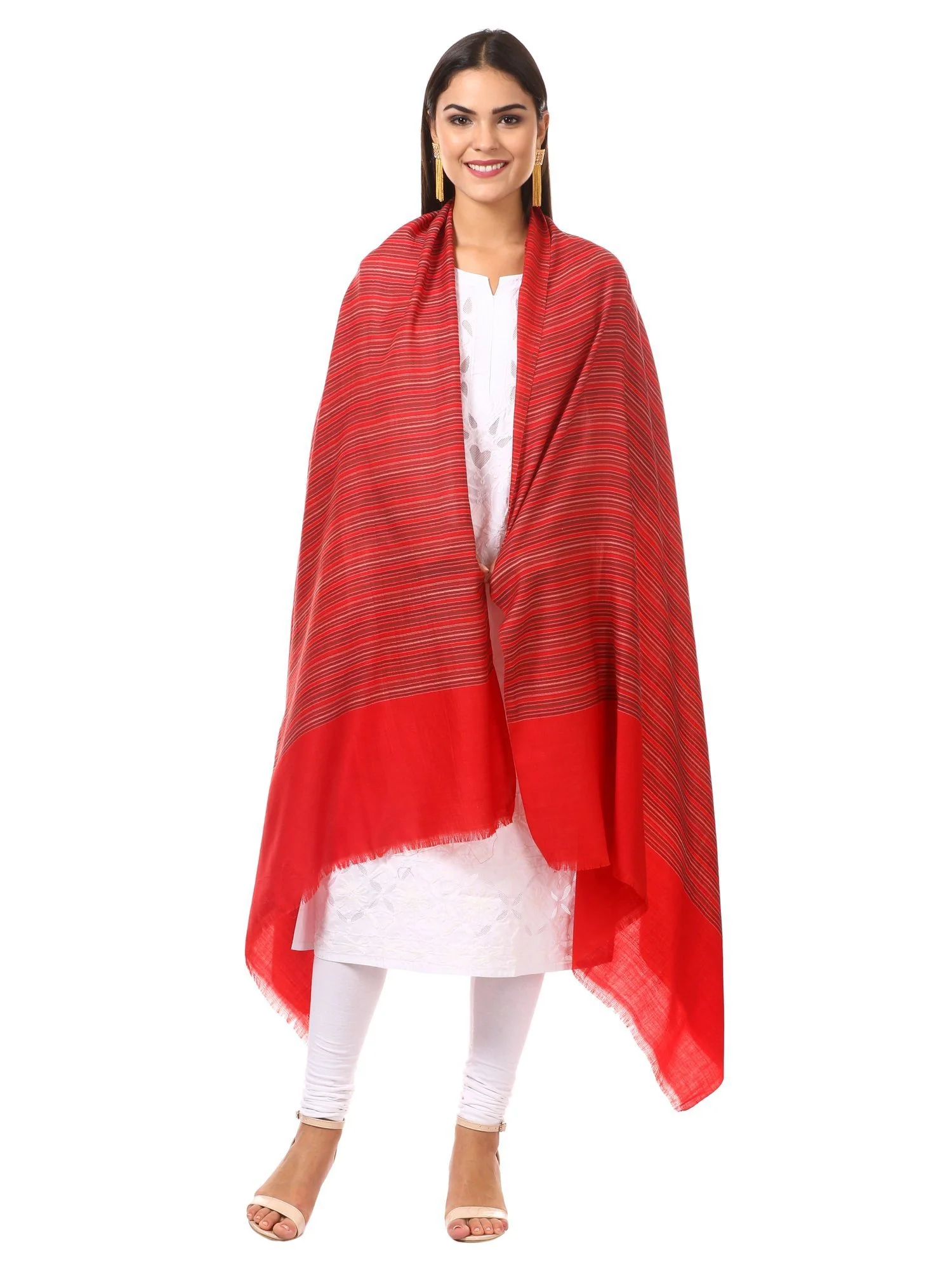 Pashtush Women'S Shawl, Fine Wool, Striped Design, Faux Pashmina, Soft And Warm, Deep Red - Image 3