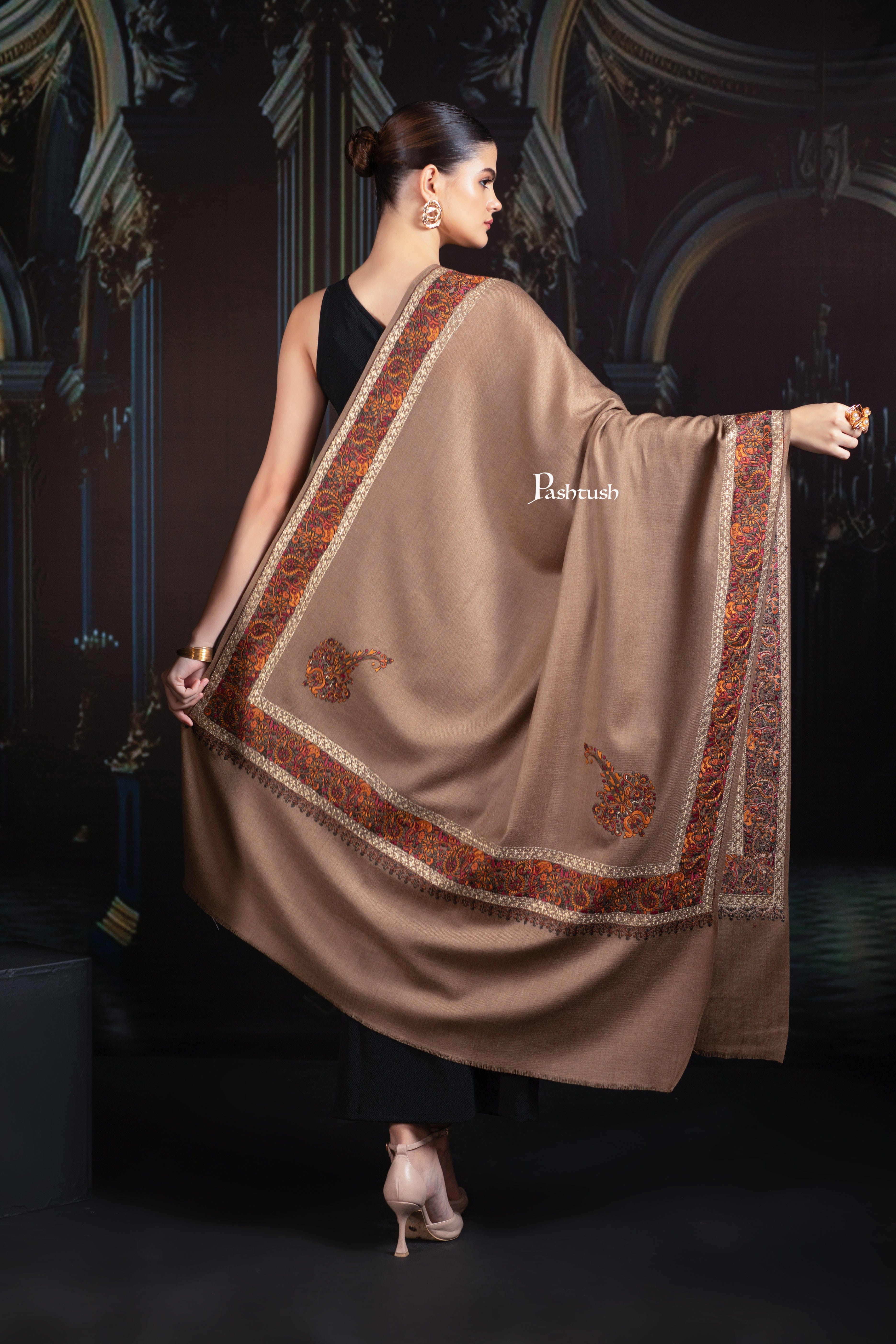 Pashtush Womens Fine Wool Tilla Border Shawl, Challa Daur with Metallic Detailing, Taupe - Image 4