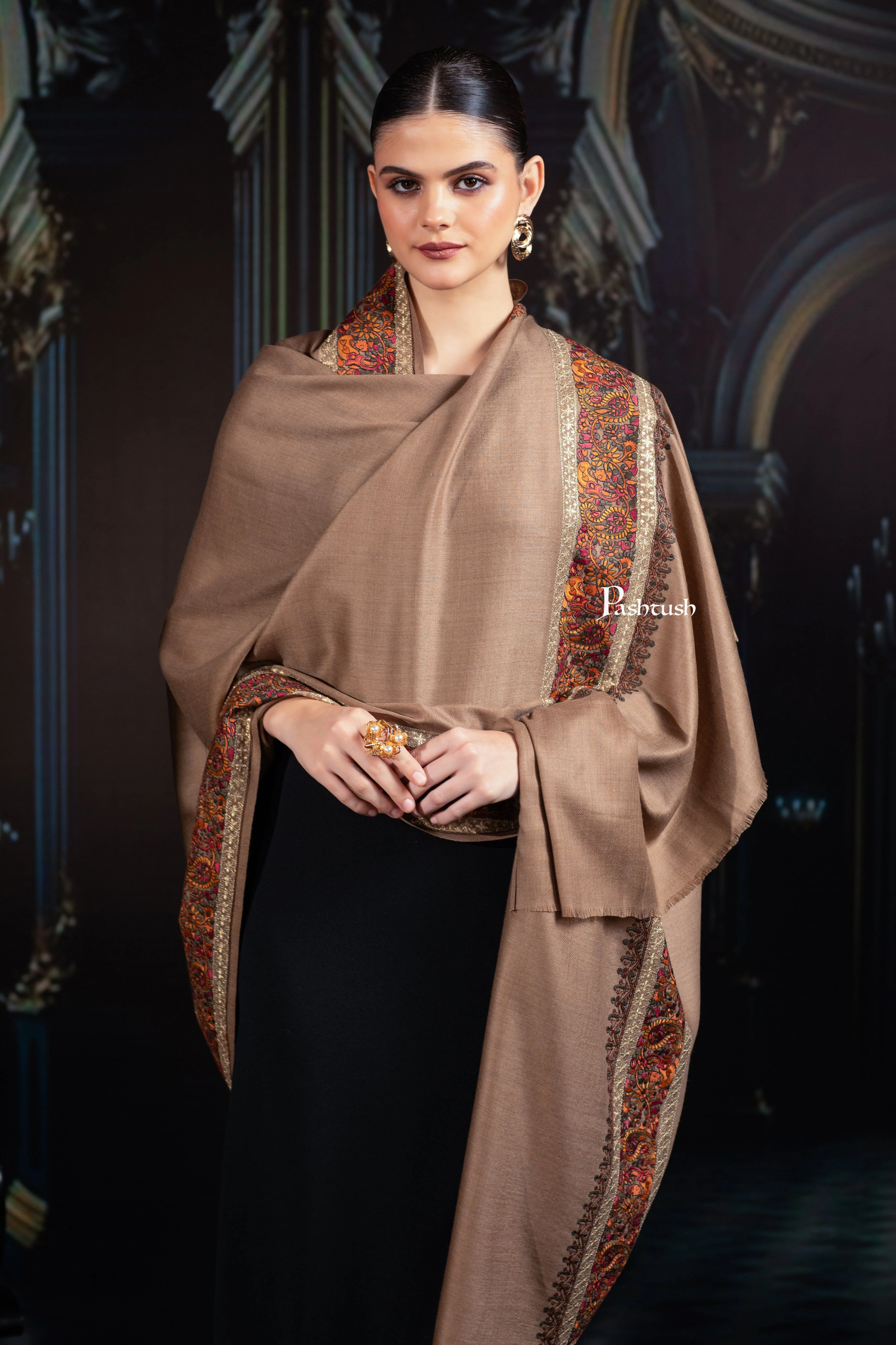 Pashtush Womens Fine Wool Tilla Border Shawl, Challa Daur with Metallic Detailing, Taupe - Image 6