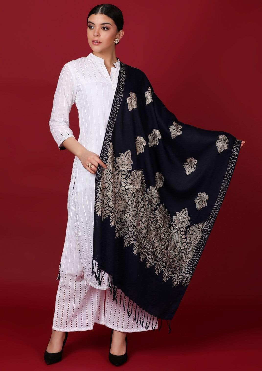 Pashtush Womens Fine Woollen, Silky Nalki Embroidery Needlework Stole, Midnight Blue