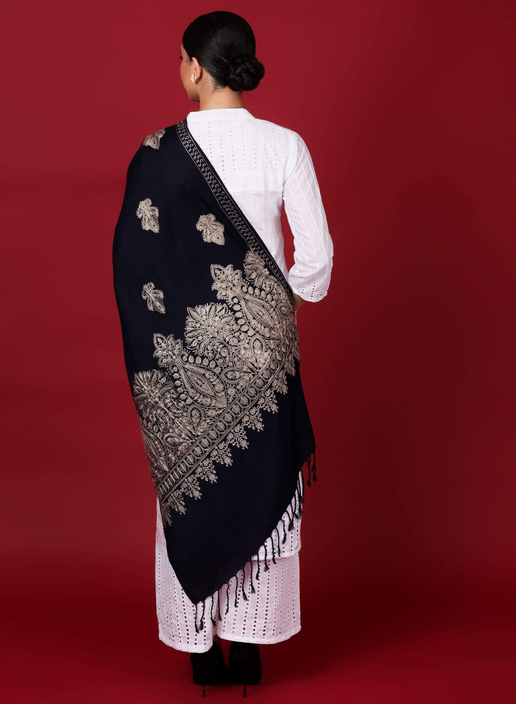 Pashtush Womens Fine Woollen, Silky Nalki Embroidery Needlework Stole, Midnight Blue - Image 3
