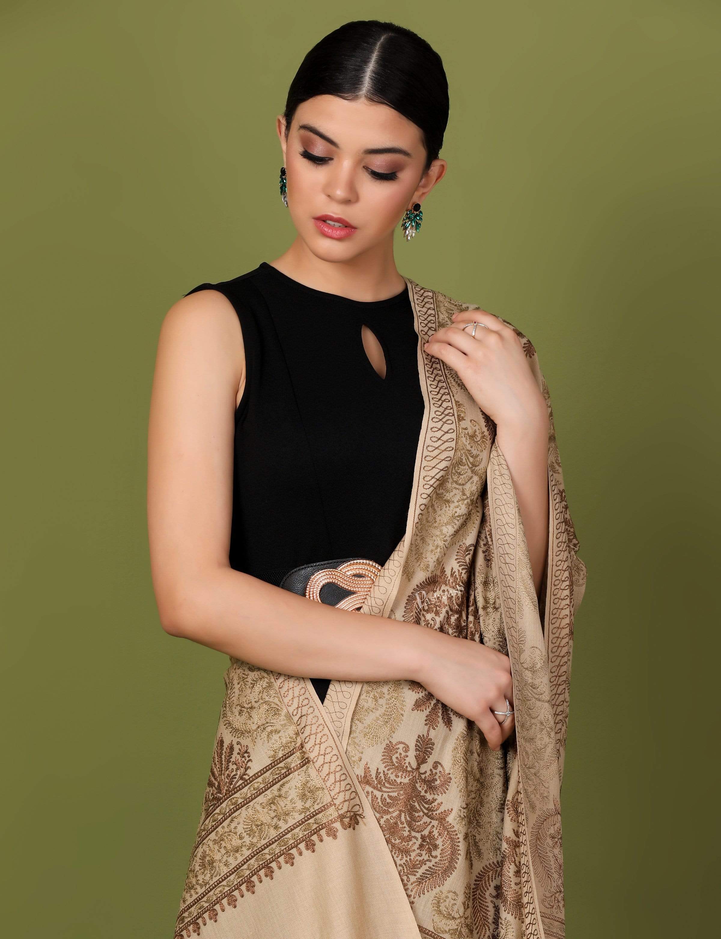 Pashtush Womens Fine Woollen, Silky Nalki Embroidery Needlework Stole, Sahara Beige - Image 5