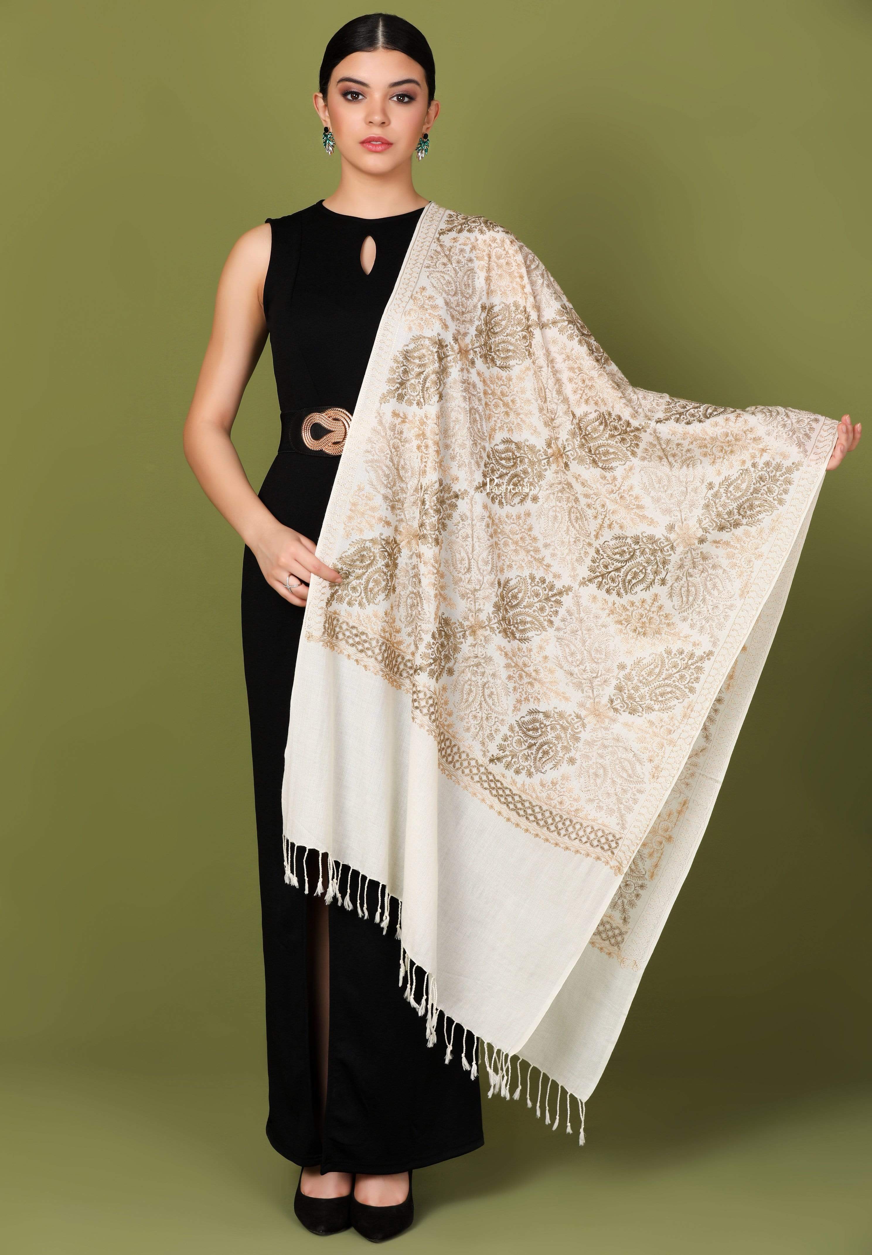 Pashtush Womens Fine Woollen, Silky Nalki Embroidery Needlework Stole, White