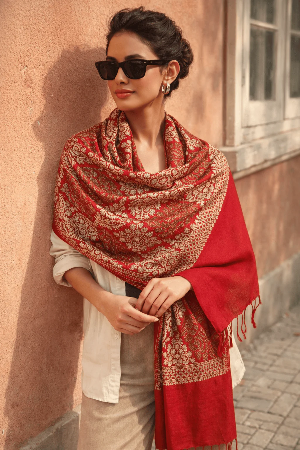 Pashtush Womens Fine Woollen, Silky Thread Nalki Embroidery Stole, Maroon