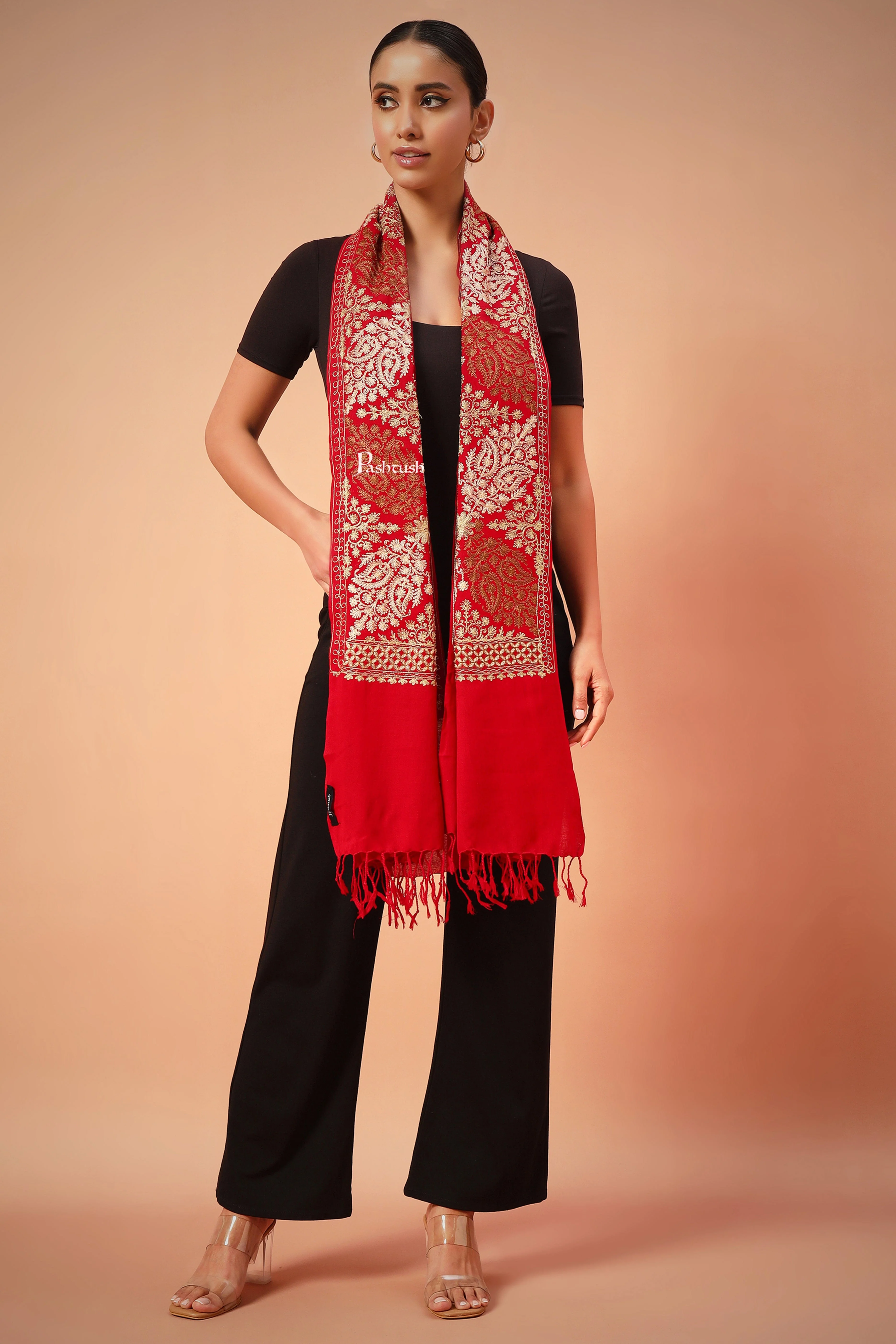 Pashtush Womens Fine Woollen, Silky Thread Nalki Embroidery Stole, Maroon - Image 6
