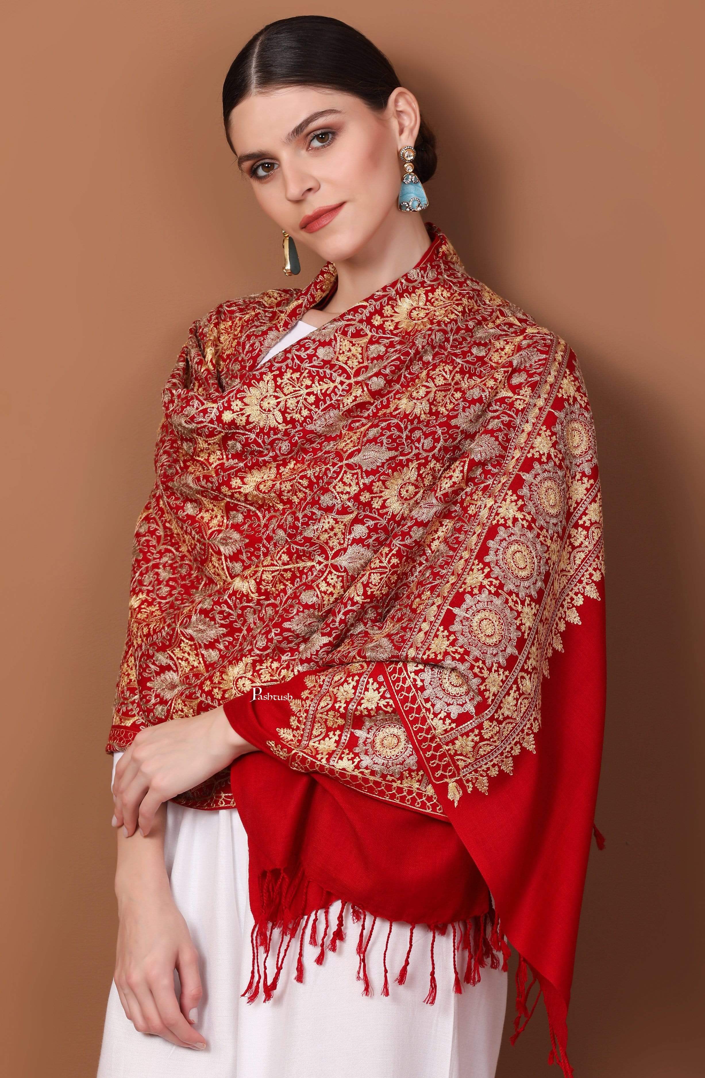 Pashtush Womens Woollen, Silky Thread Nalki Embroidery Stole, Red
