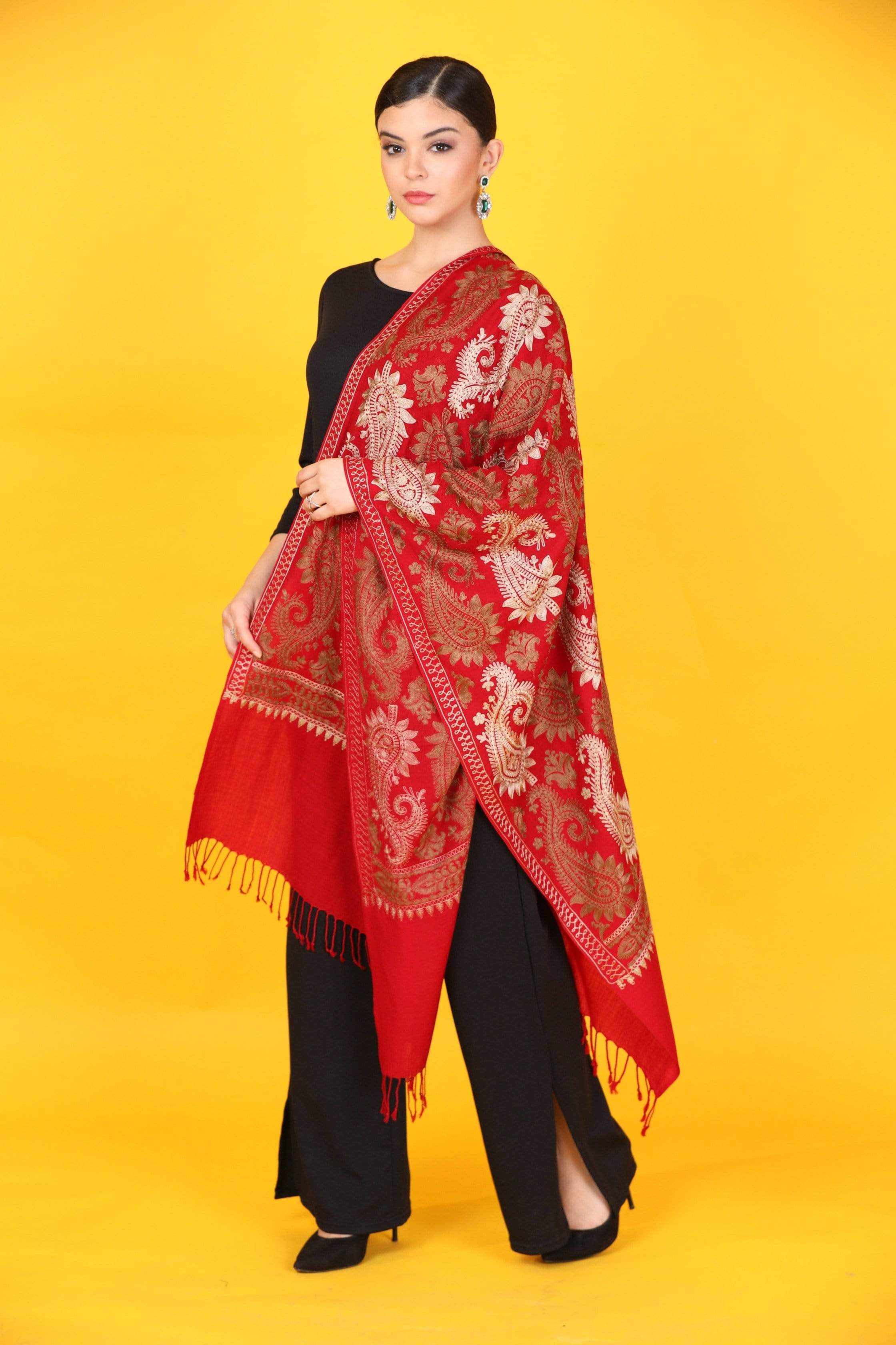 Pashtush Womens Fine Woollen, Silky Thread Nalki Embroidery Stole, Red