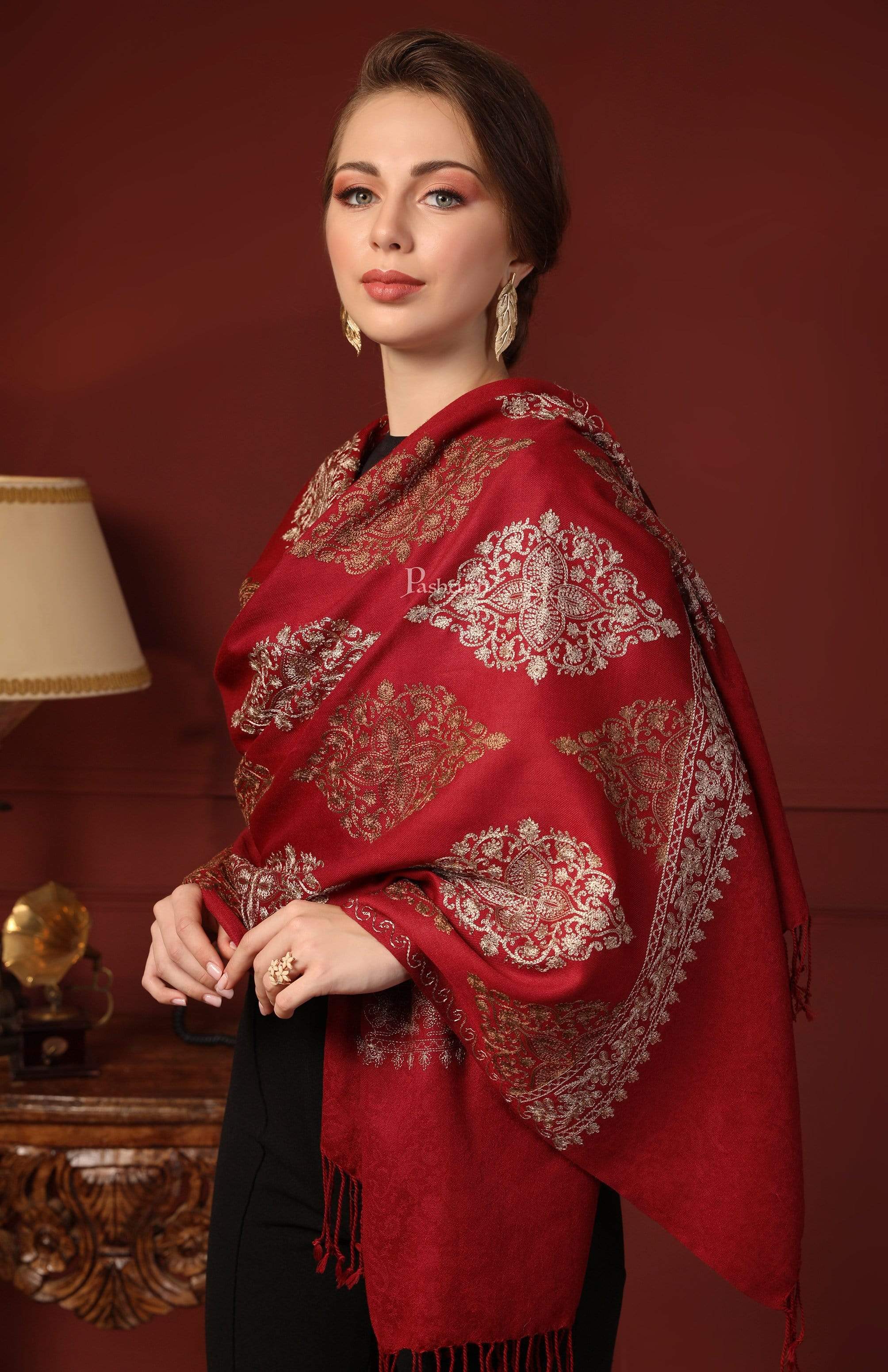 Pashtush Womens Fine Woollen, Silky Thread Nalki Embroidery Stole, Red - Image 3