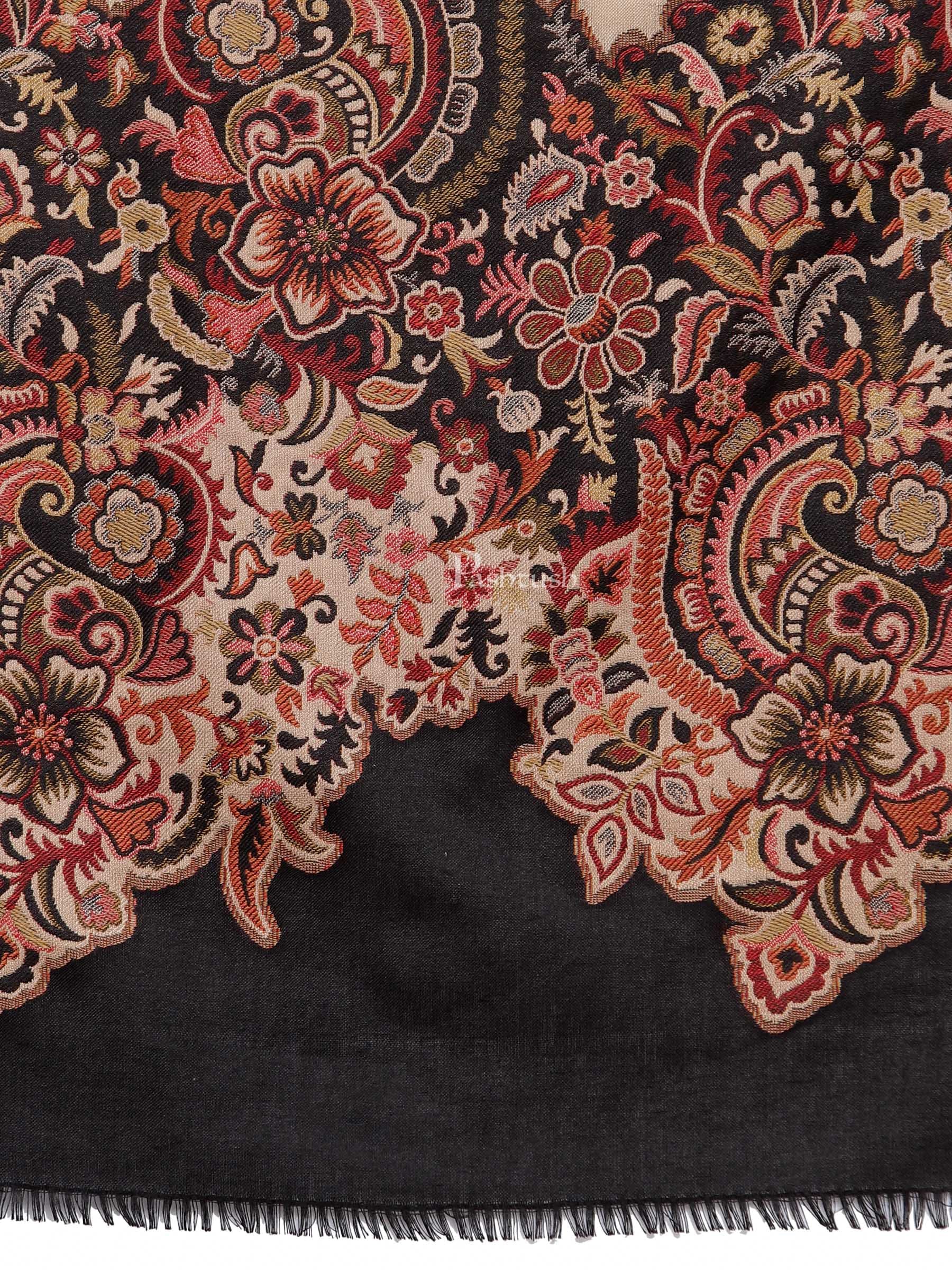 Pashtush Womens Floral Jacquard Twin Coloured Shawl Black Beige - Image 2