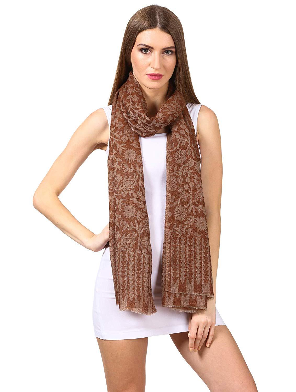 Pashtush Womens Floral Fine Wool Handfeel Reversible Scarf Stole Coffee - Image 3