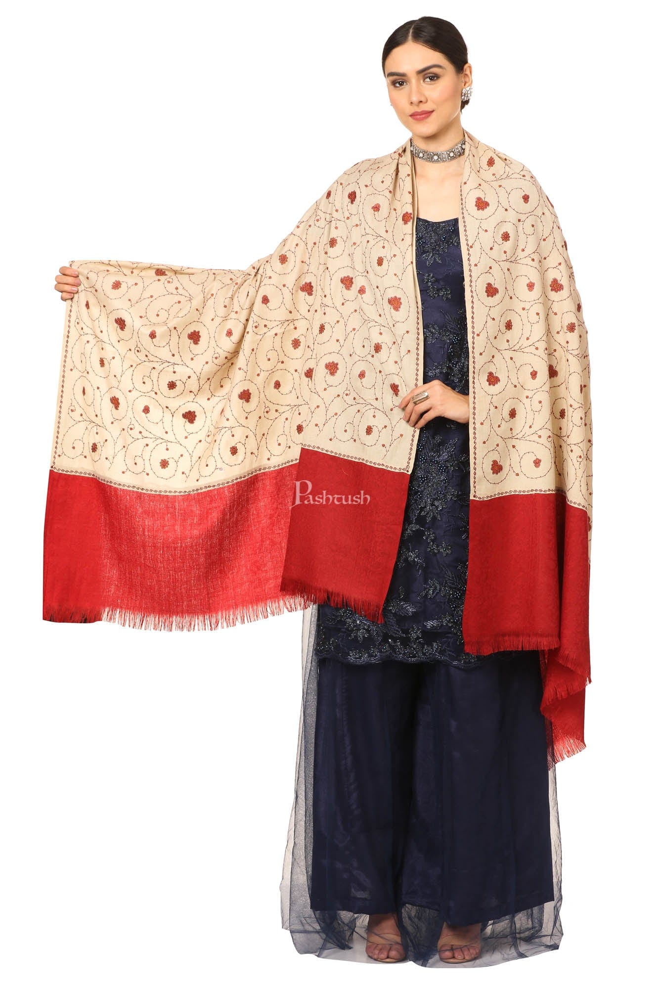 Pashtush Women'S Gol Buti Jaal, Fineembroidery With Intricate Needlework Woolen Shawls - Beige - Image 3