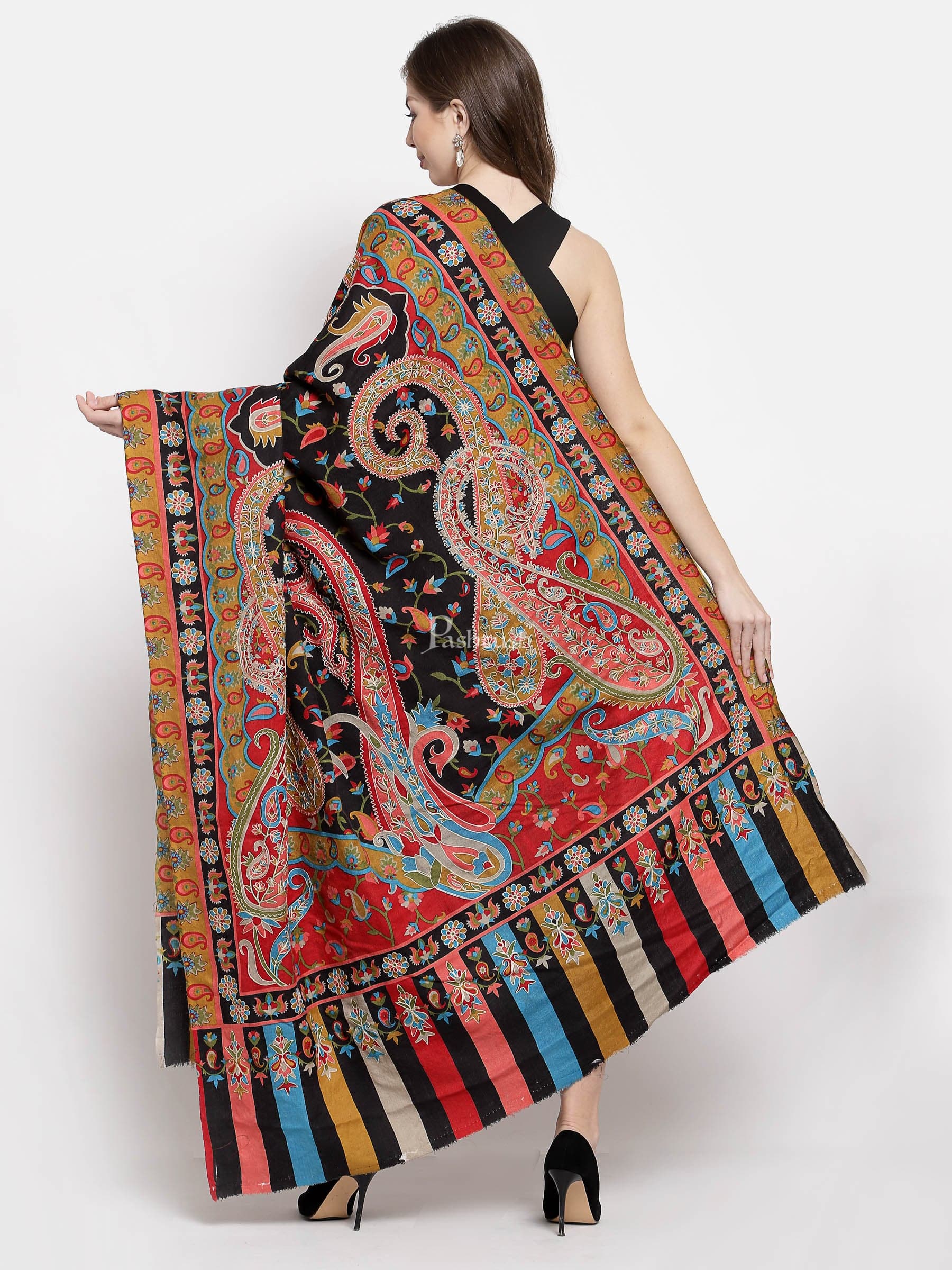 Pashtush Womens Hand Embroidered Kalamkari Shawl, Fine Wool - Image 4