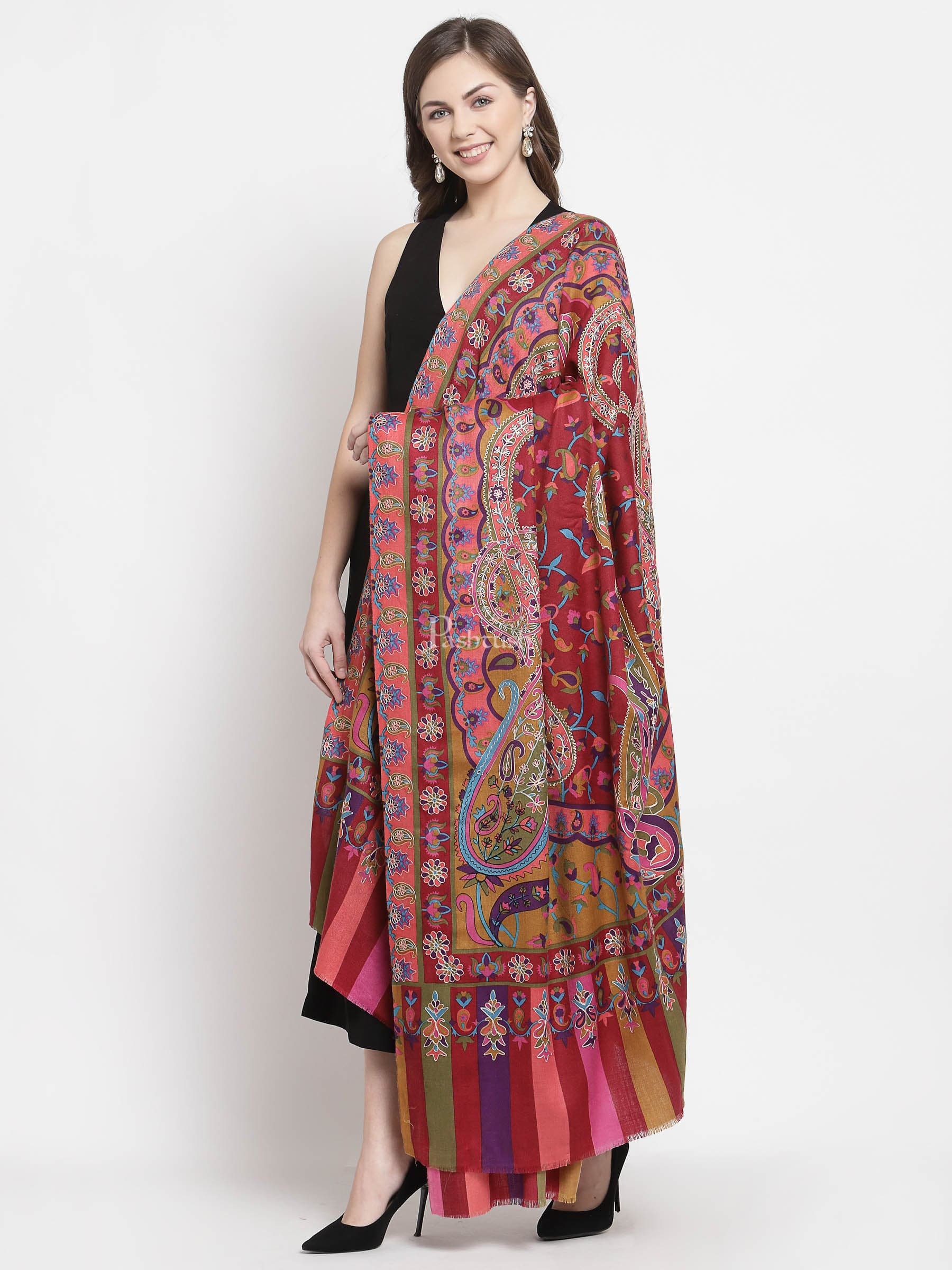 Pashtush Womens Hand Embroidered Kalamkari Shawl, Fine Wool