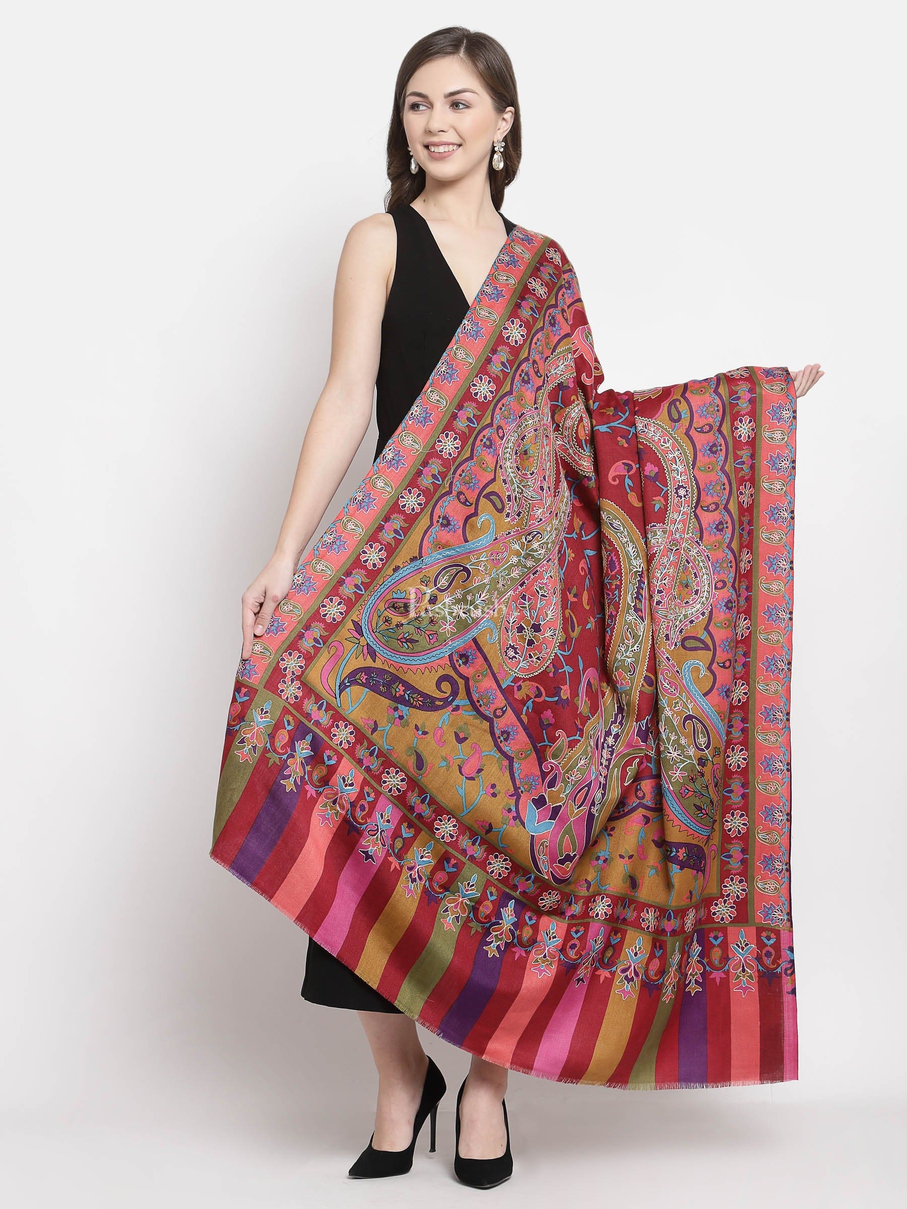 Pashtush Womens Hand Embroidered Kalamkari Shawl, Fine Wool - Image 4