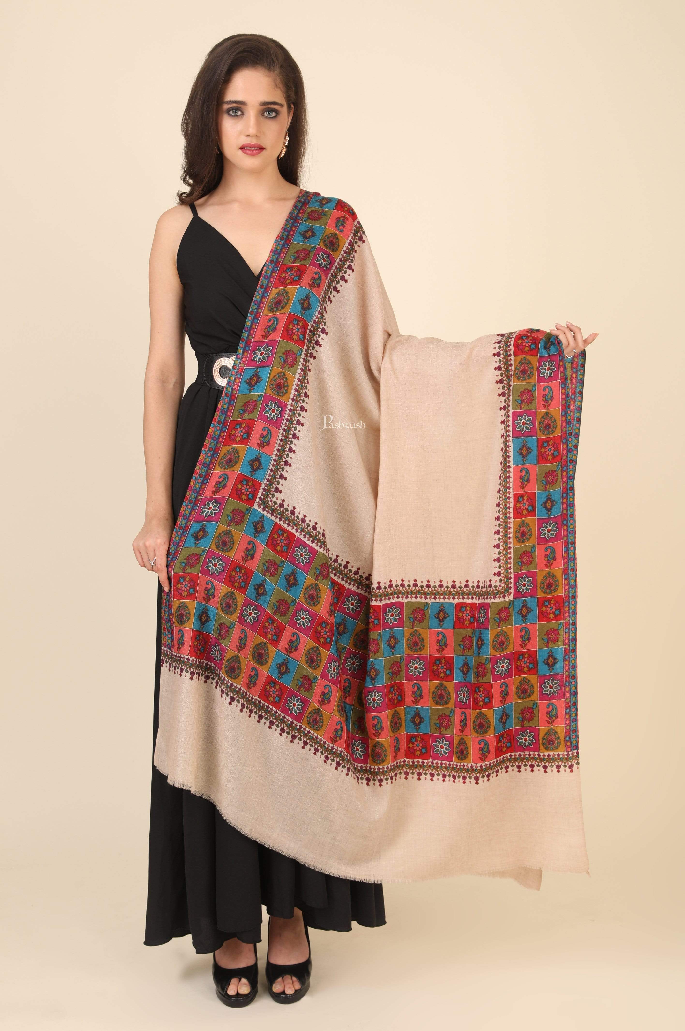 Pashtush Womens Hand Embroidered Kalamkari Shawl, Fine Wool