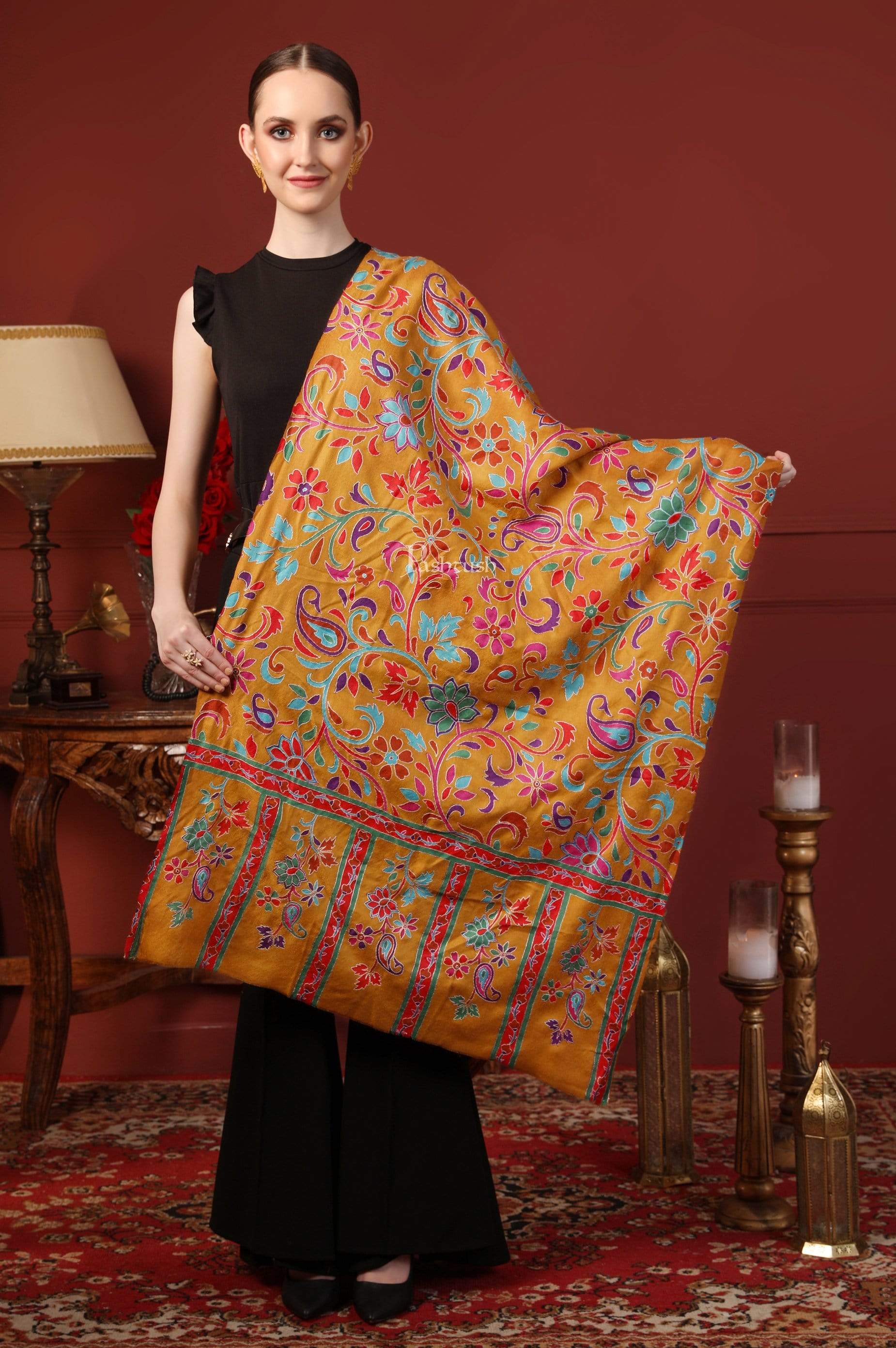 Pashtush Womens Hand Embroidery Kalamkari Stole, With Outlined Nalki Work - Image 3