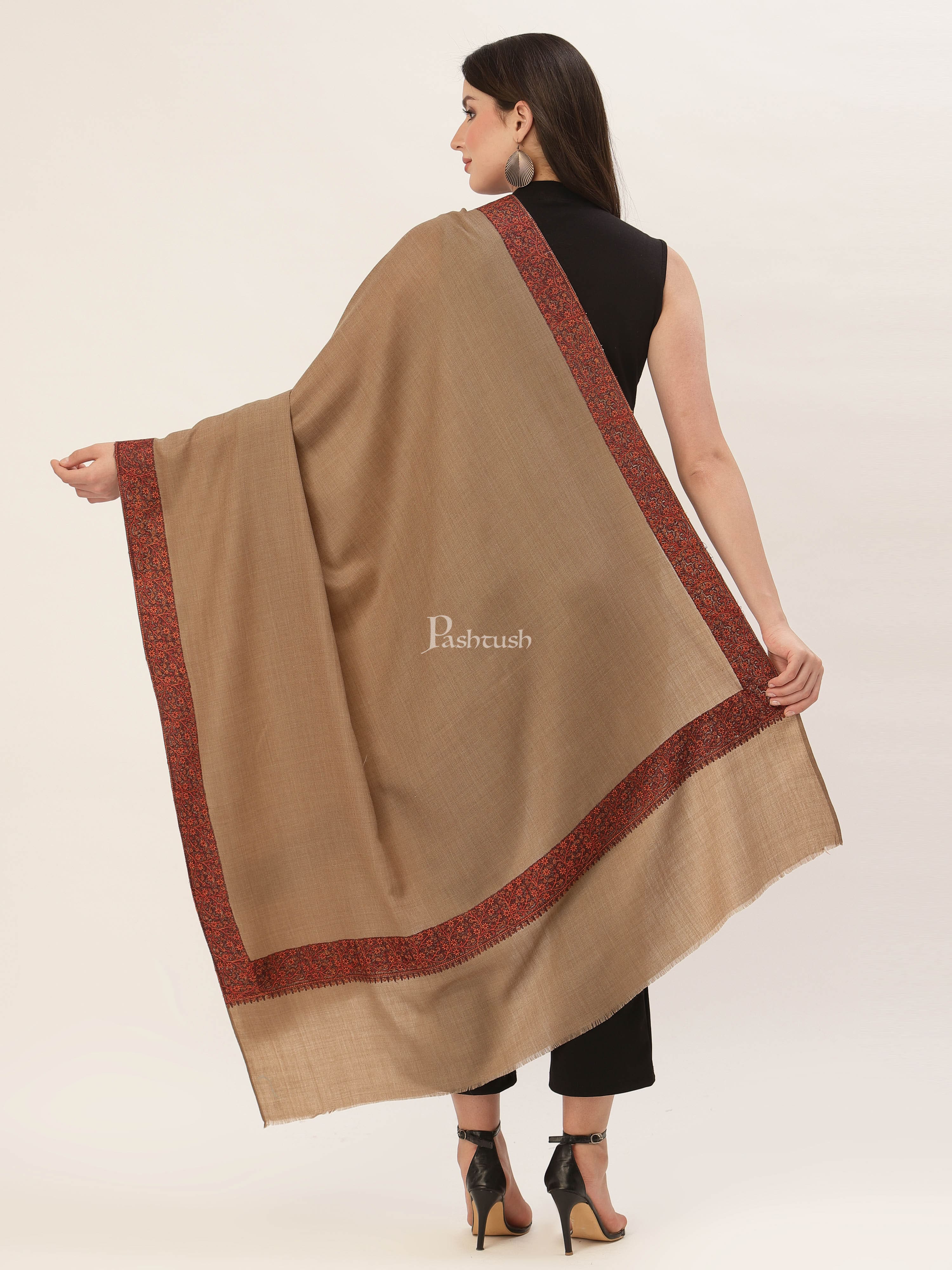Pashtush Womens Embroidery Shawl, Challa Daur Border, Fine Wool - Image 3