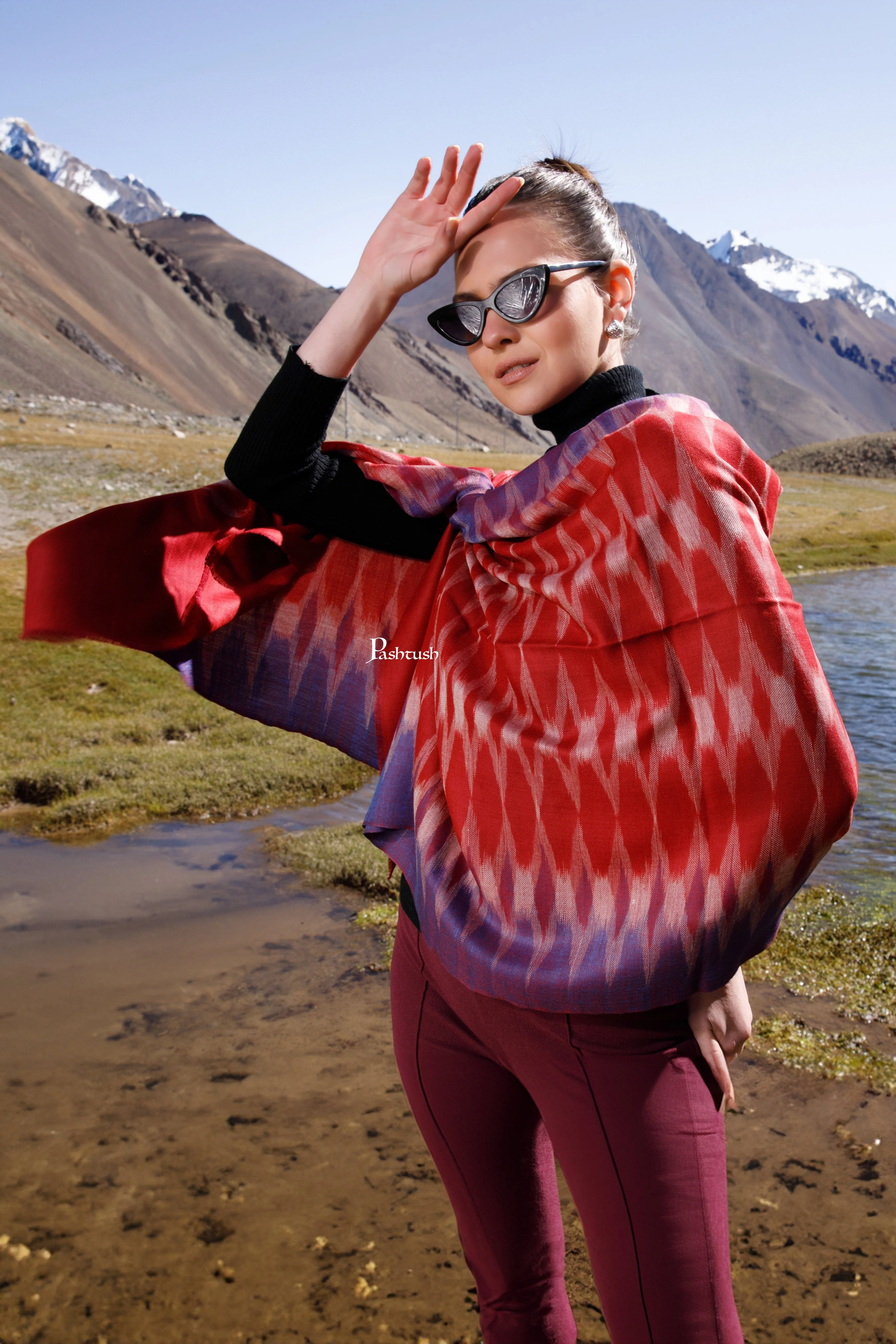 Pashtush Womens Handmade Cashmere Stole, Handwoven Ikkat Weave Design, Celestial Maroon - Image 3
