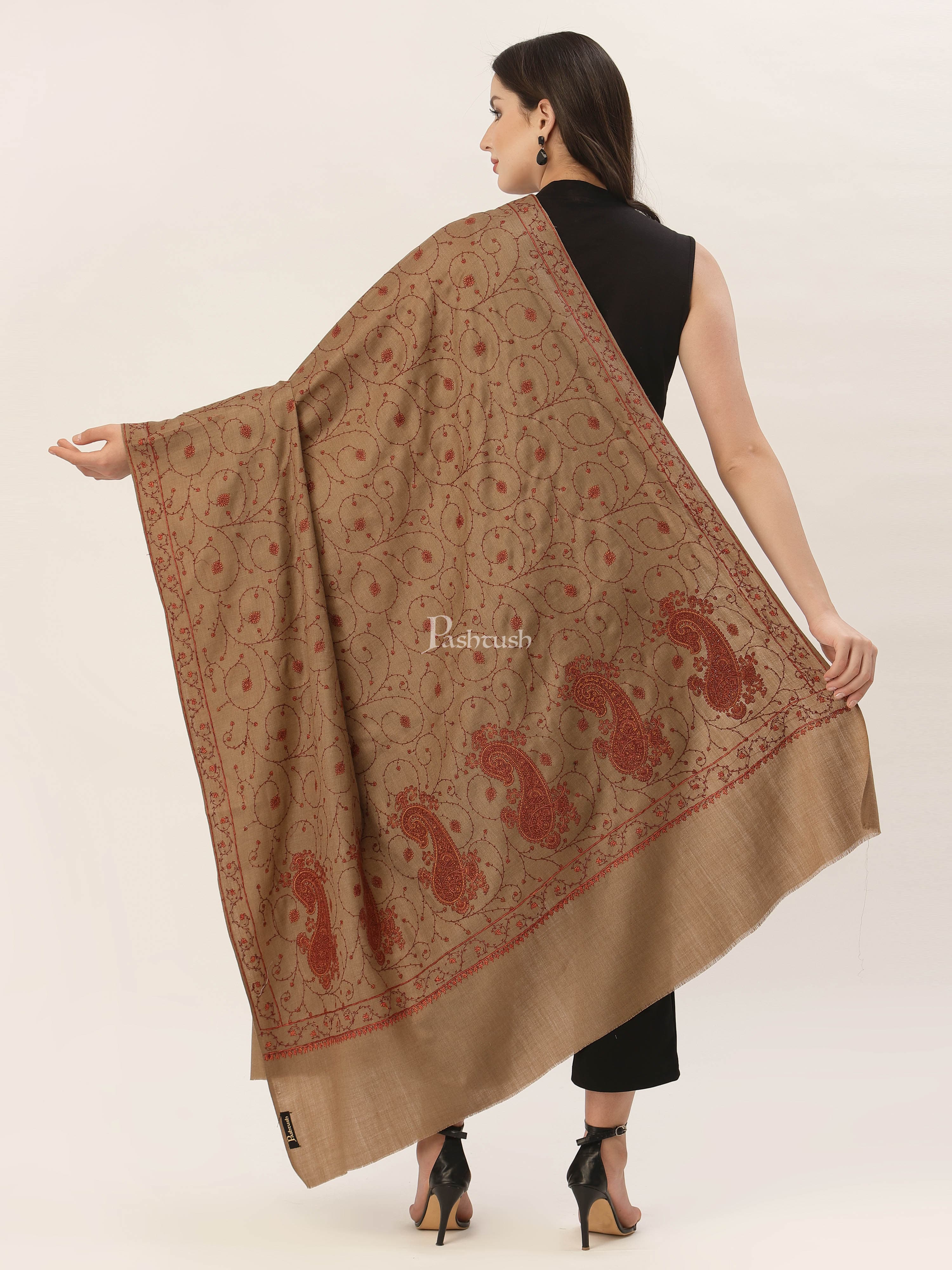 Pashtush Womens Jaal Embroidery Shawl, Large Size, Taupe - Image 4