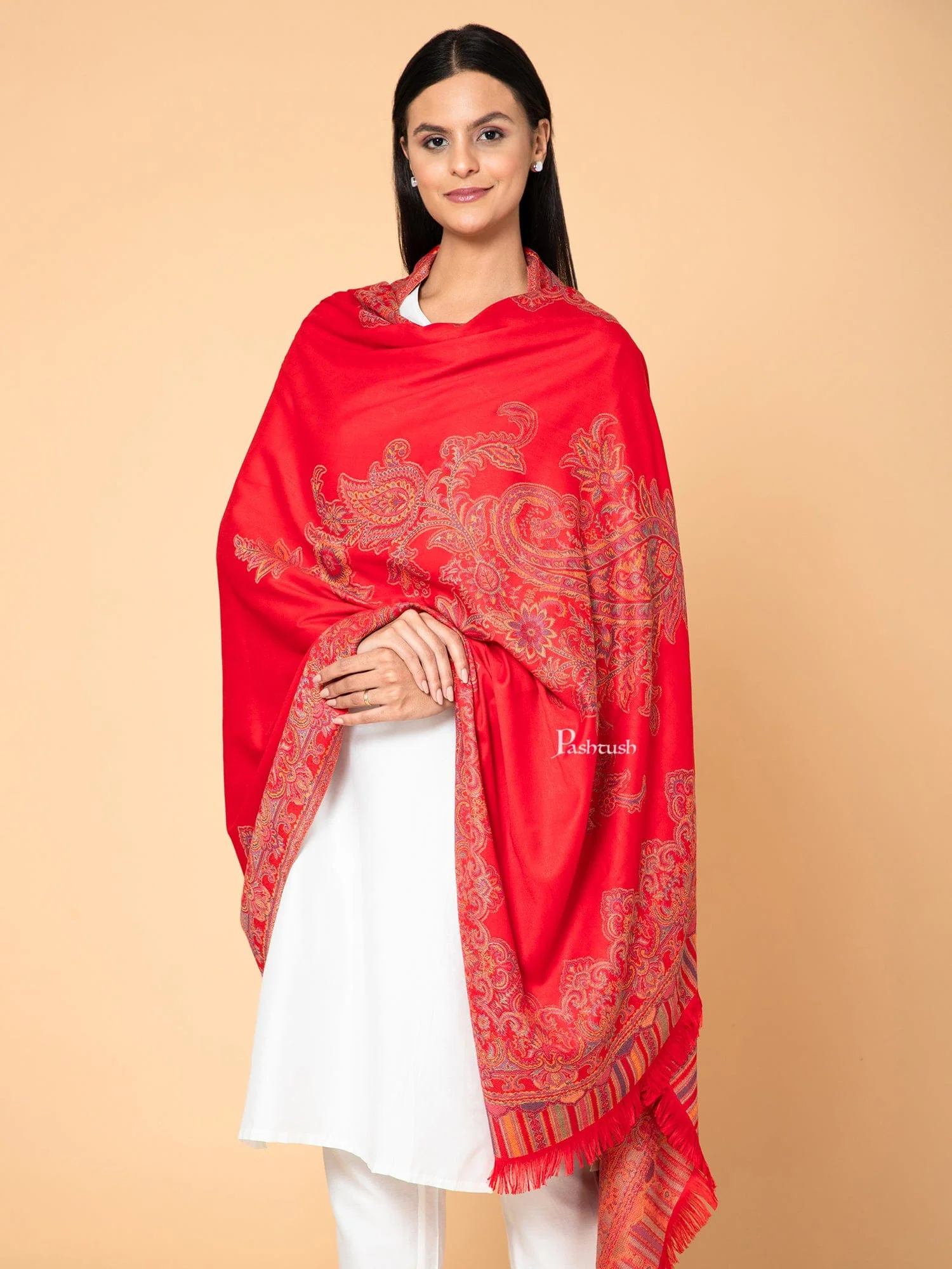 Pashtush Women'S Jacquard Ambi Shawl, Warm And Soft, Faux Pashmina, Red - Image 5