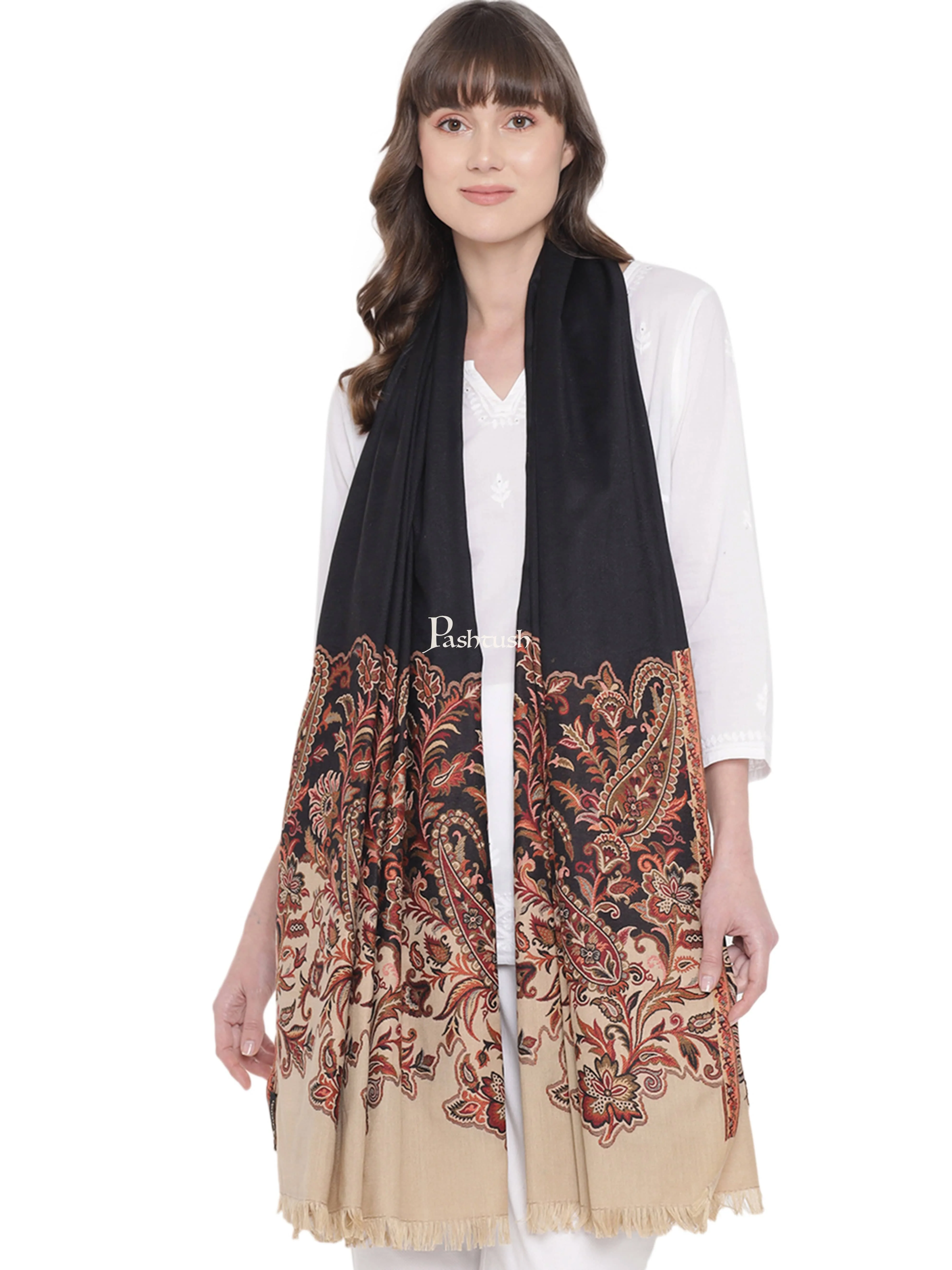 Pashtush Women's Jacquard Palla Shawl, Soft Faux Pashmina - Beige and Black - Image 4