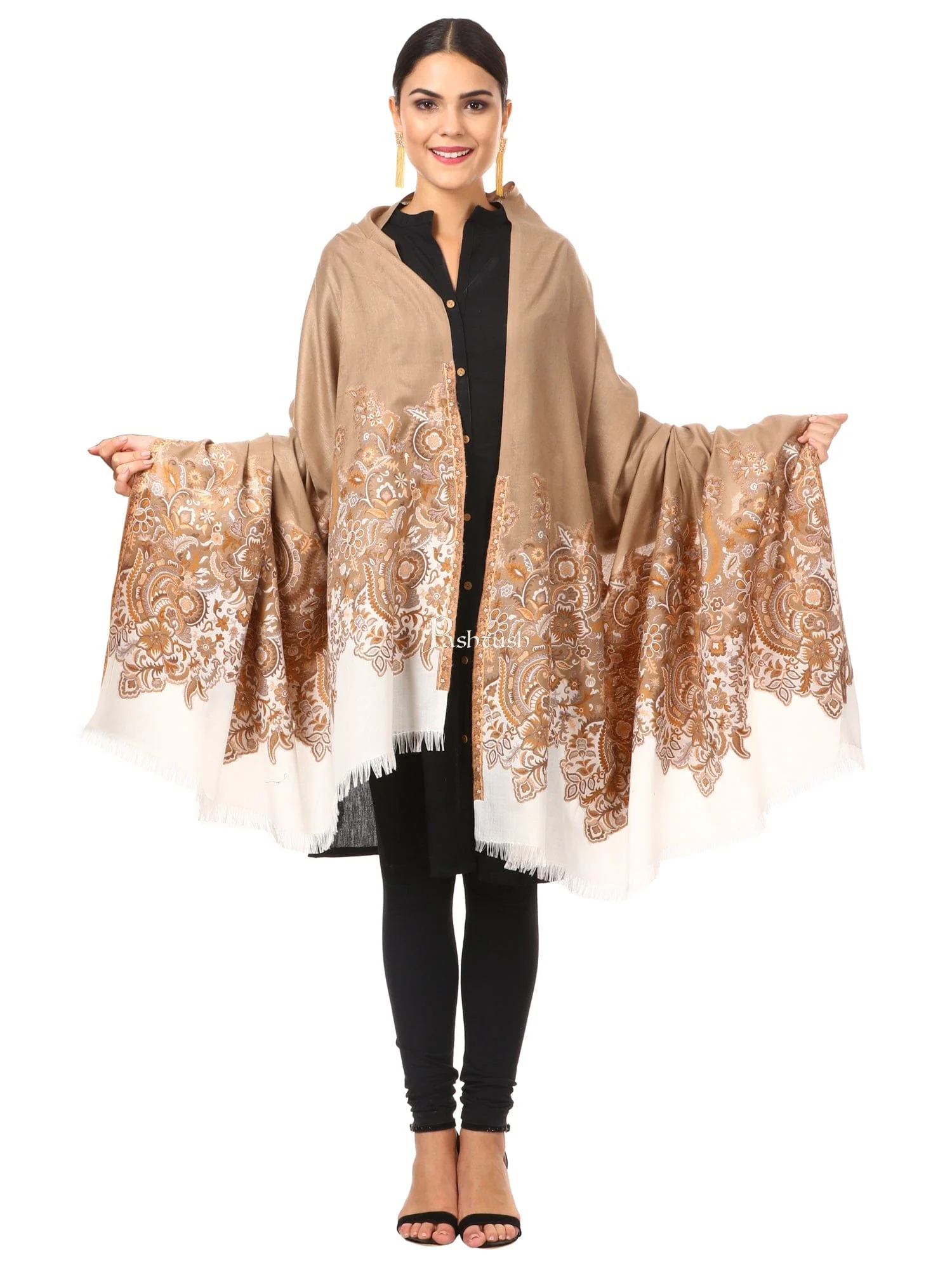 Pashtush Women'S Jacquard Palla Shawl, Warm And Soft, Faux Pashmina Beige - Image 4
