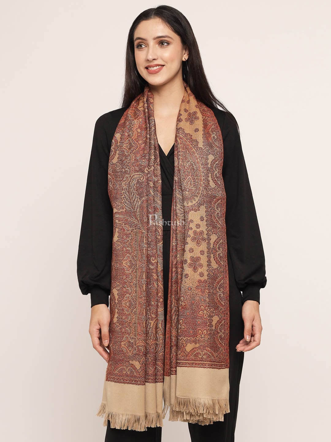 Pashtush Women's Reversible Jamawar Shawl, Brown - Image 3