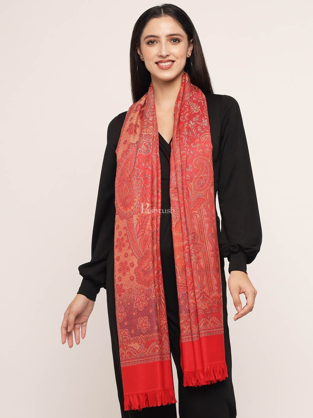 Pashtush Women's Jamawar Shawl, Red - Image 4