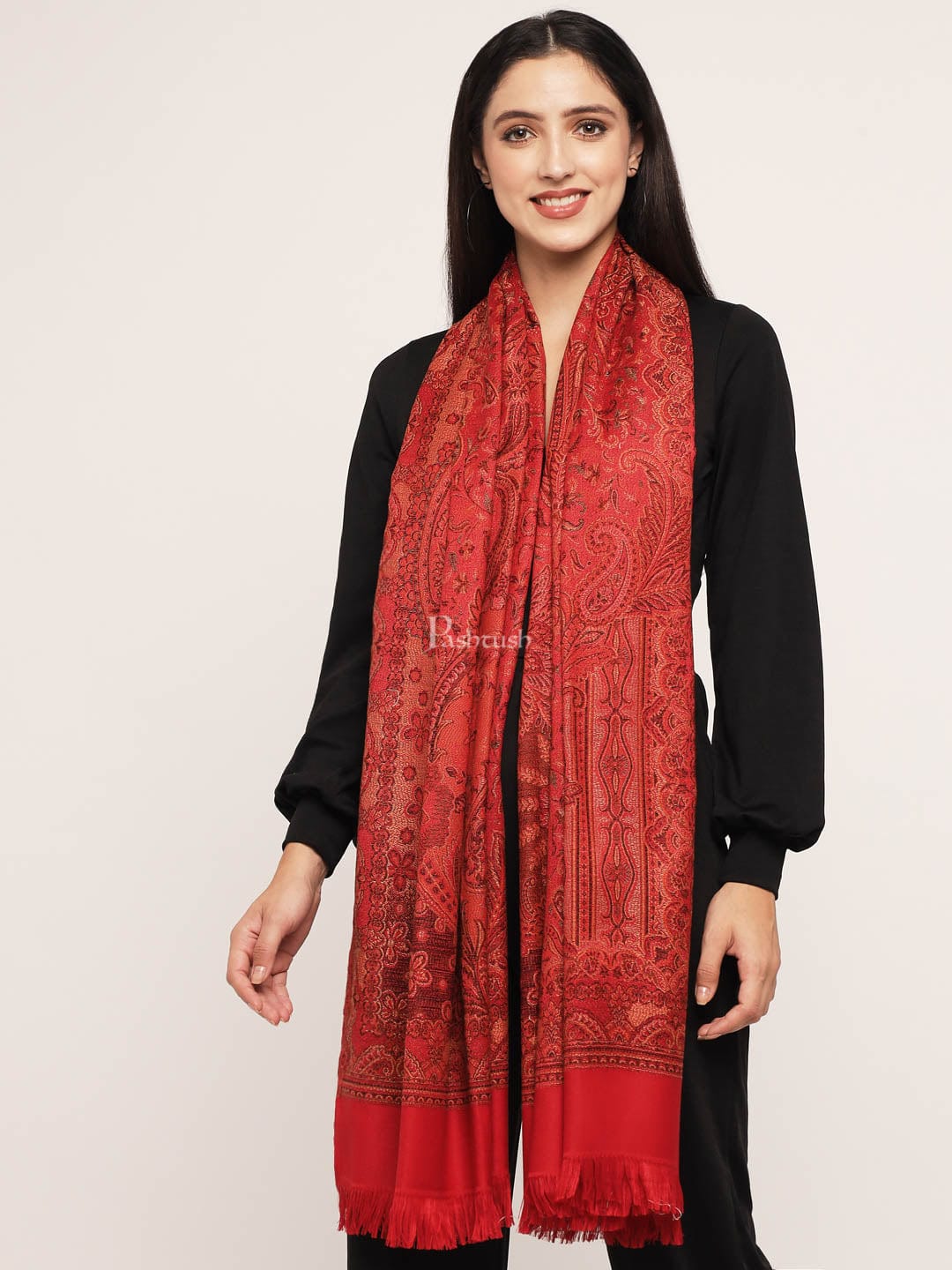 Pashtush Women's Jamawar Shawl, Maroon - Image 3