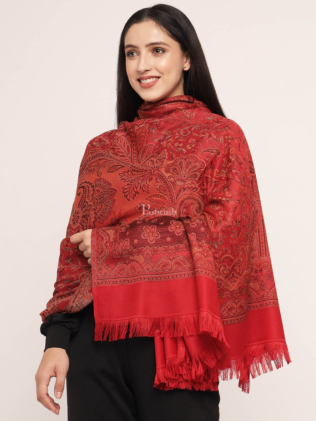 Pashtush Women's Jamawar Shawl, Maroon - Image 4