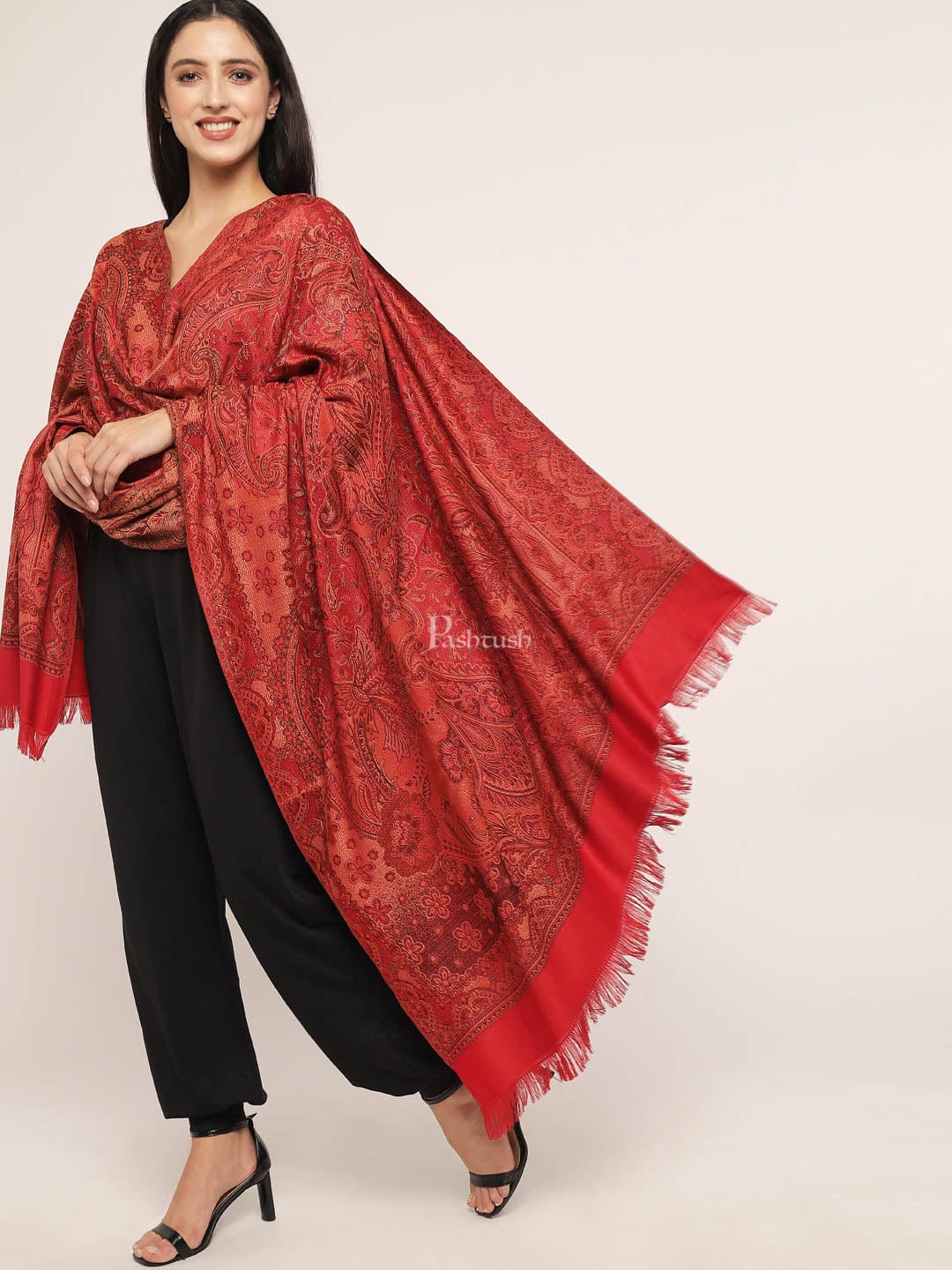 Pashtush Women's Jamawar Shawl, Maroon - Image 5