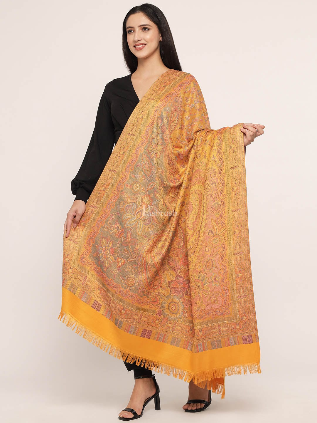 Pashtush Women's Jamawar Shawl, Mustard - Image 2