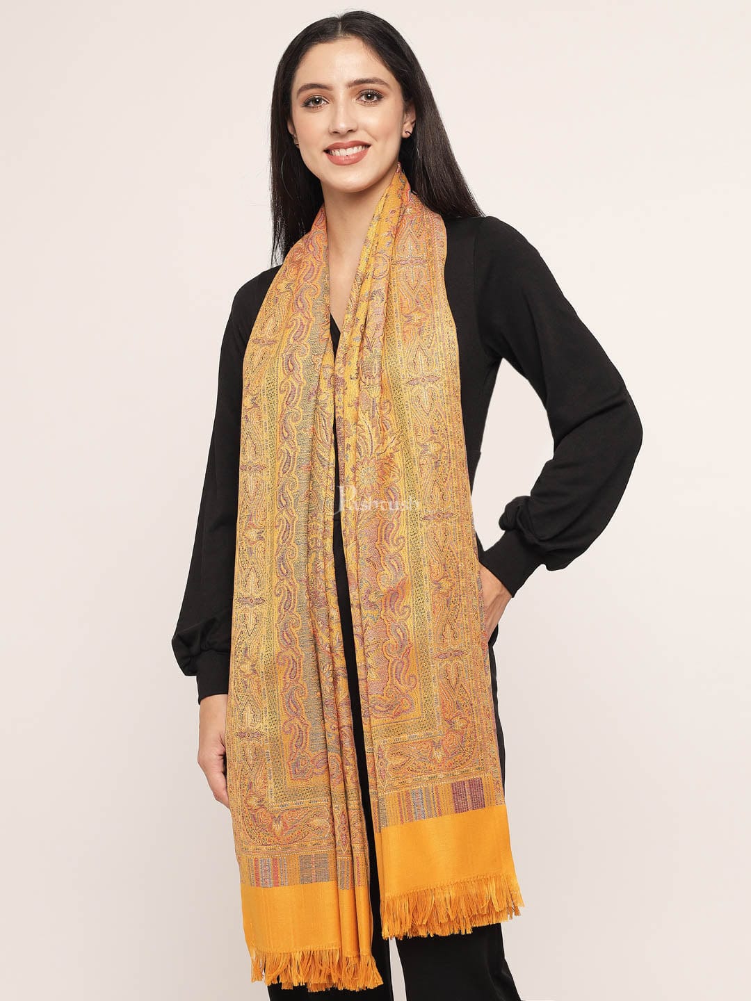 Pashtush Women's Jamawar Shawl, Mustard - Image 4