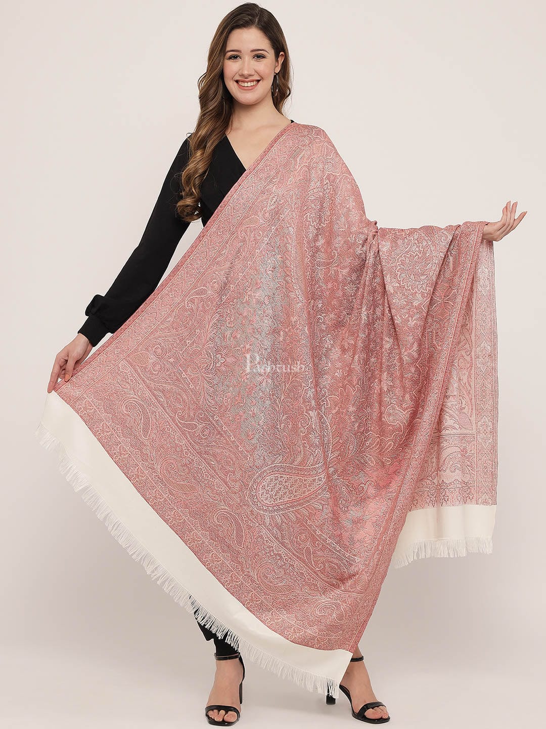 Pashtush Women's Jamawar Reversible Shawl, Ivory