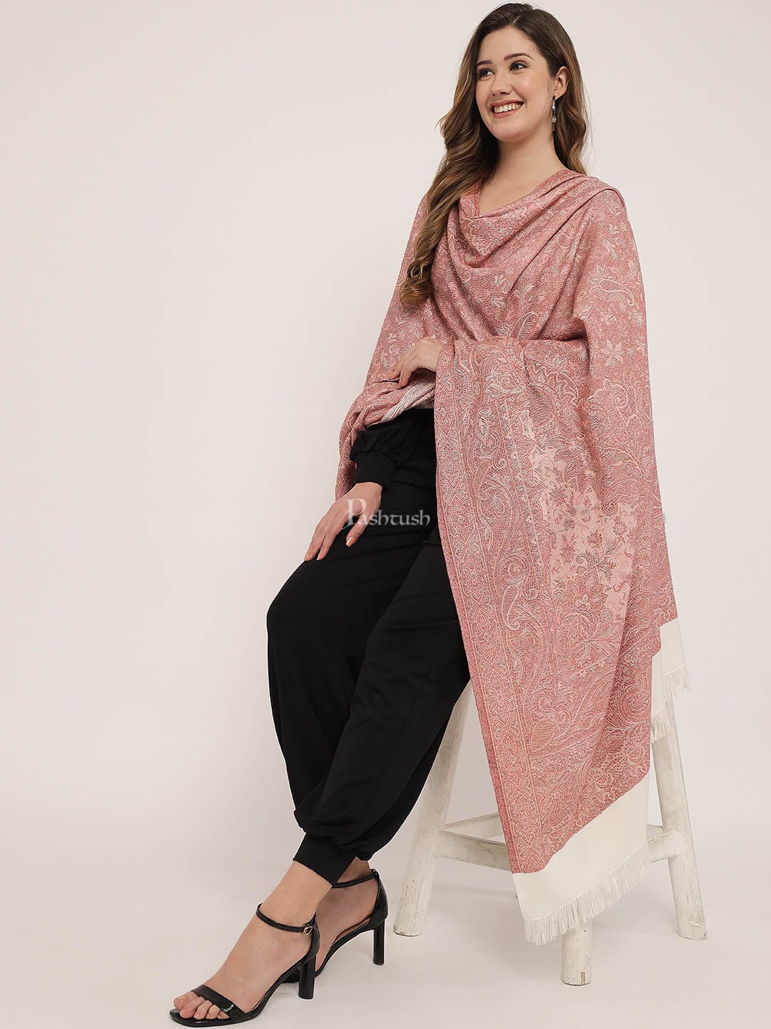 Pashtush Women's Jamawar Reversible Shawl, Ivory - Image 6