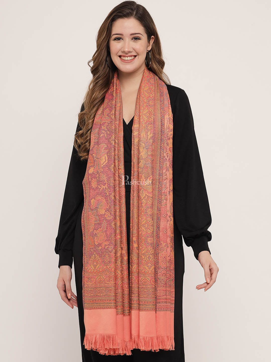 Pashtush Women's Jamawar Reversible Shawl, Peach - Image 3