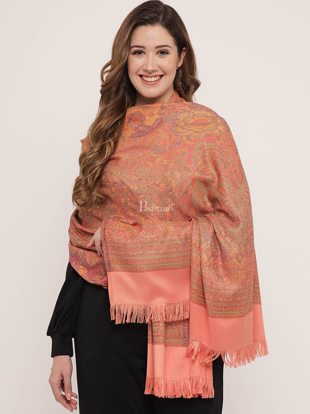 Pashtush Women's Jamawar Reversible Shawl, Peach - Image 4