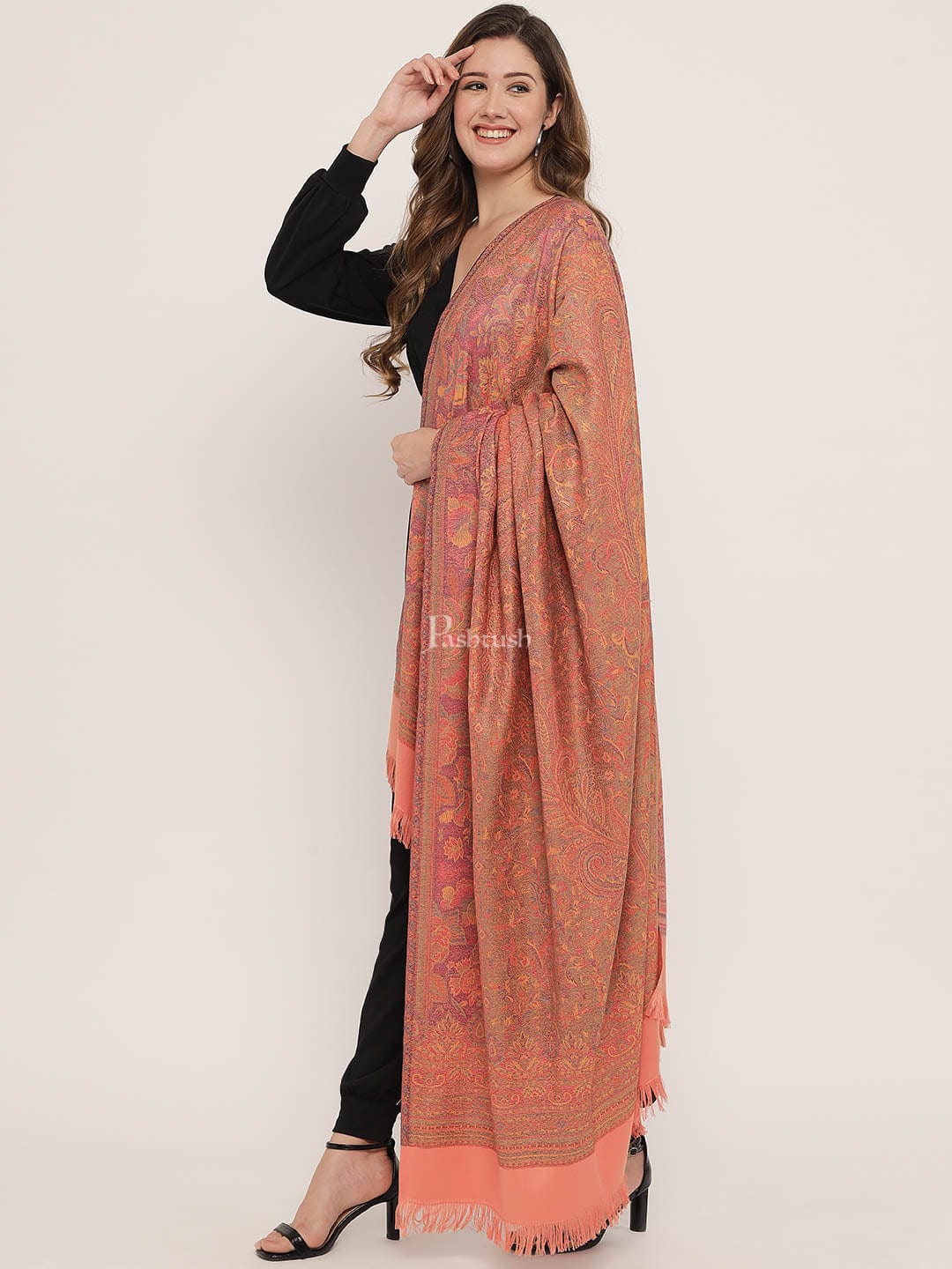 Pashtush Women's Jamawar Reversible Shawl, Peach - Image 5