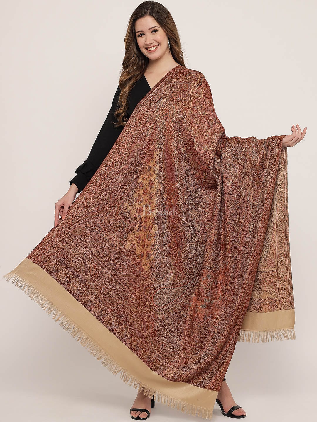 Pashtush Women's Jamawar Reversible Shawl, coffee and beige - Image 2