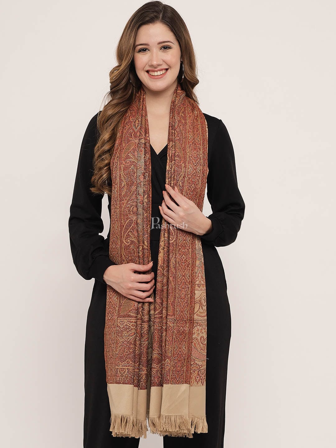 Pashtush Women's Jamawar Reversible Shawl, coffee and beige - Image 3
