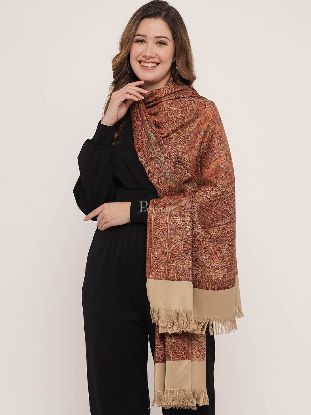 Pashtush Women's Jamawar Reversible Shawl, coffee and beige - Image 4