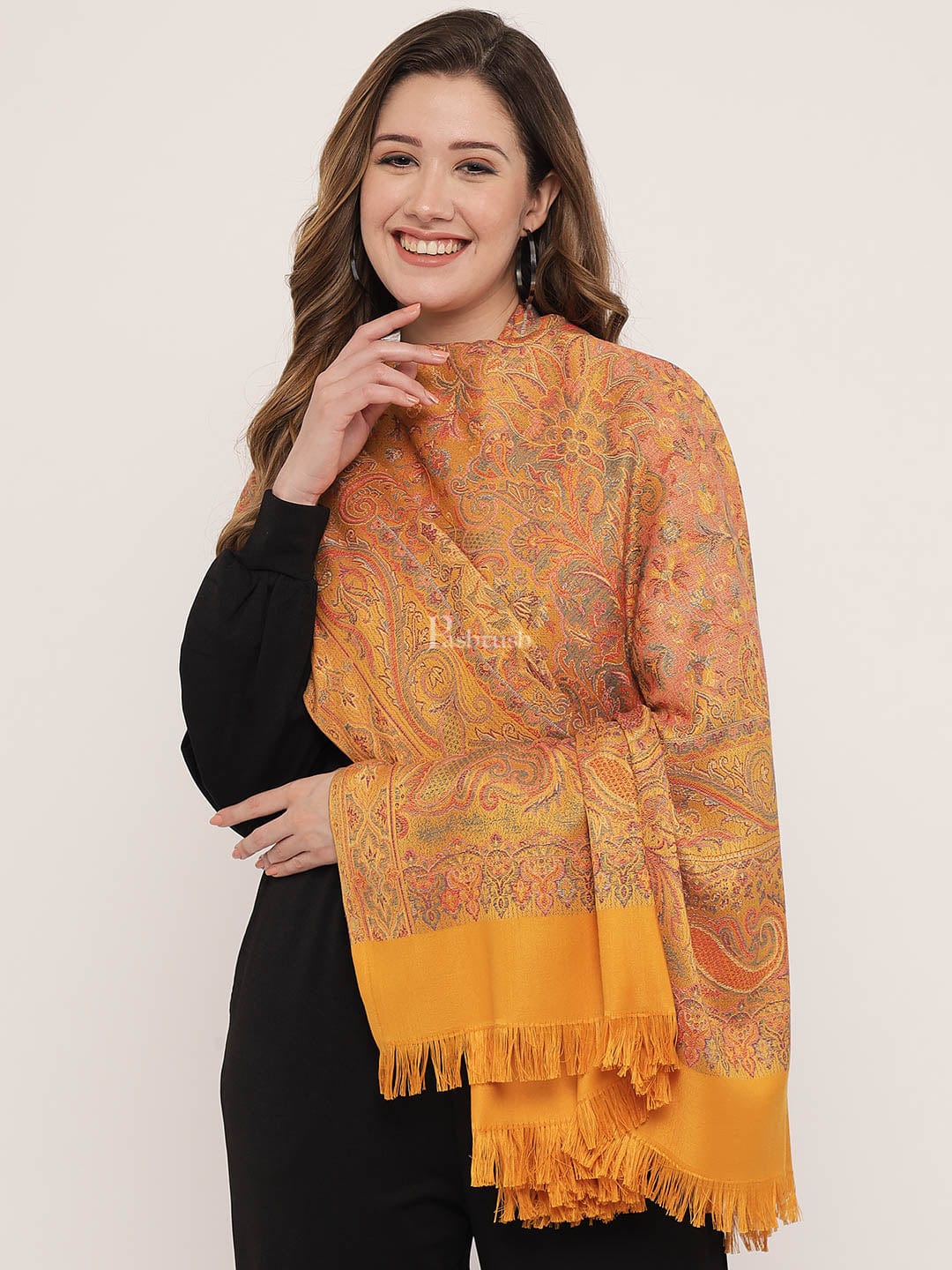 Pashtush Women's Jamawar Reversible Shawl, Mustard